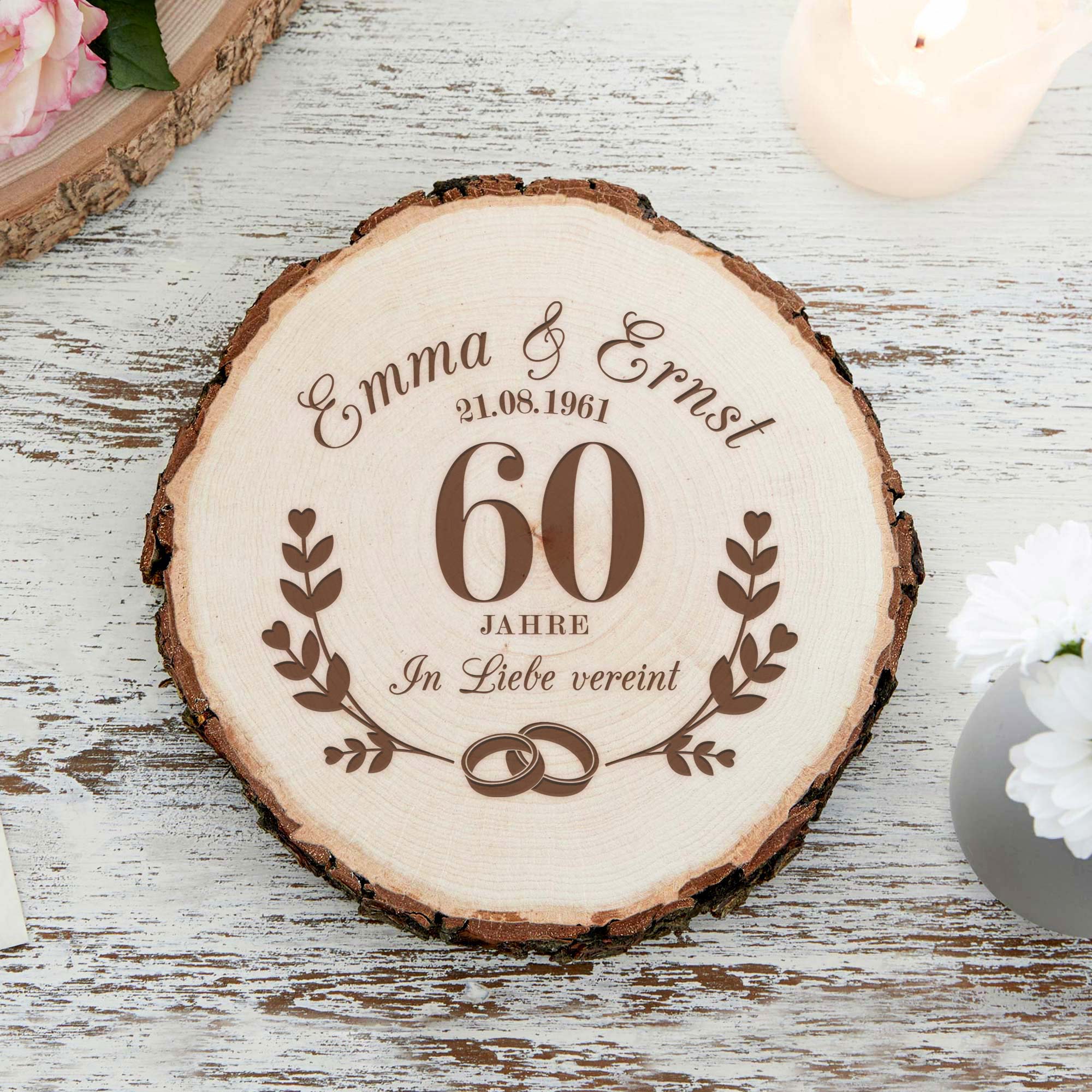Baumscheibe mit Gravur zur Diamantenen Hochzeit - Personalisiert