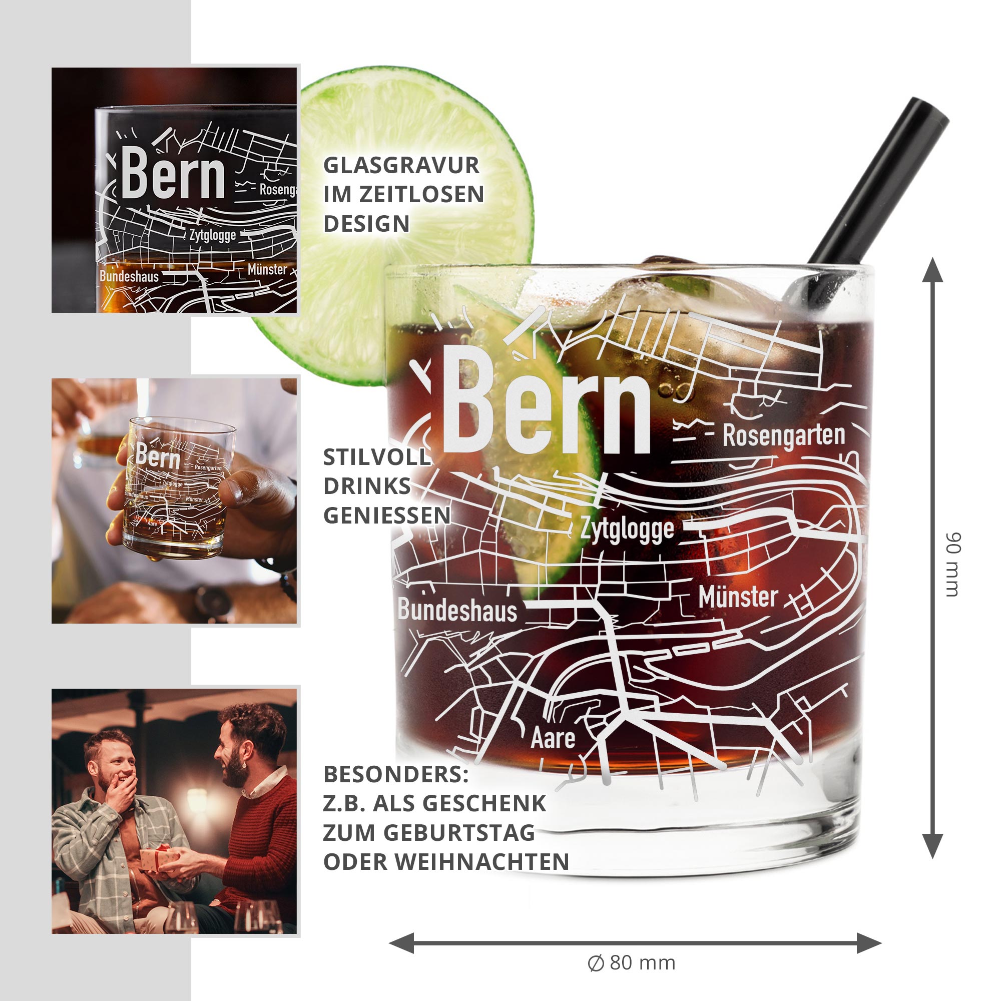 Whiskyglas mit Gravur - Bern Stadtkarte