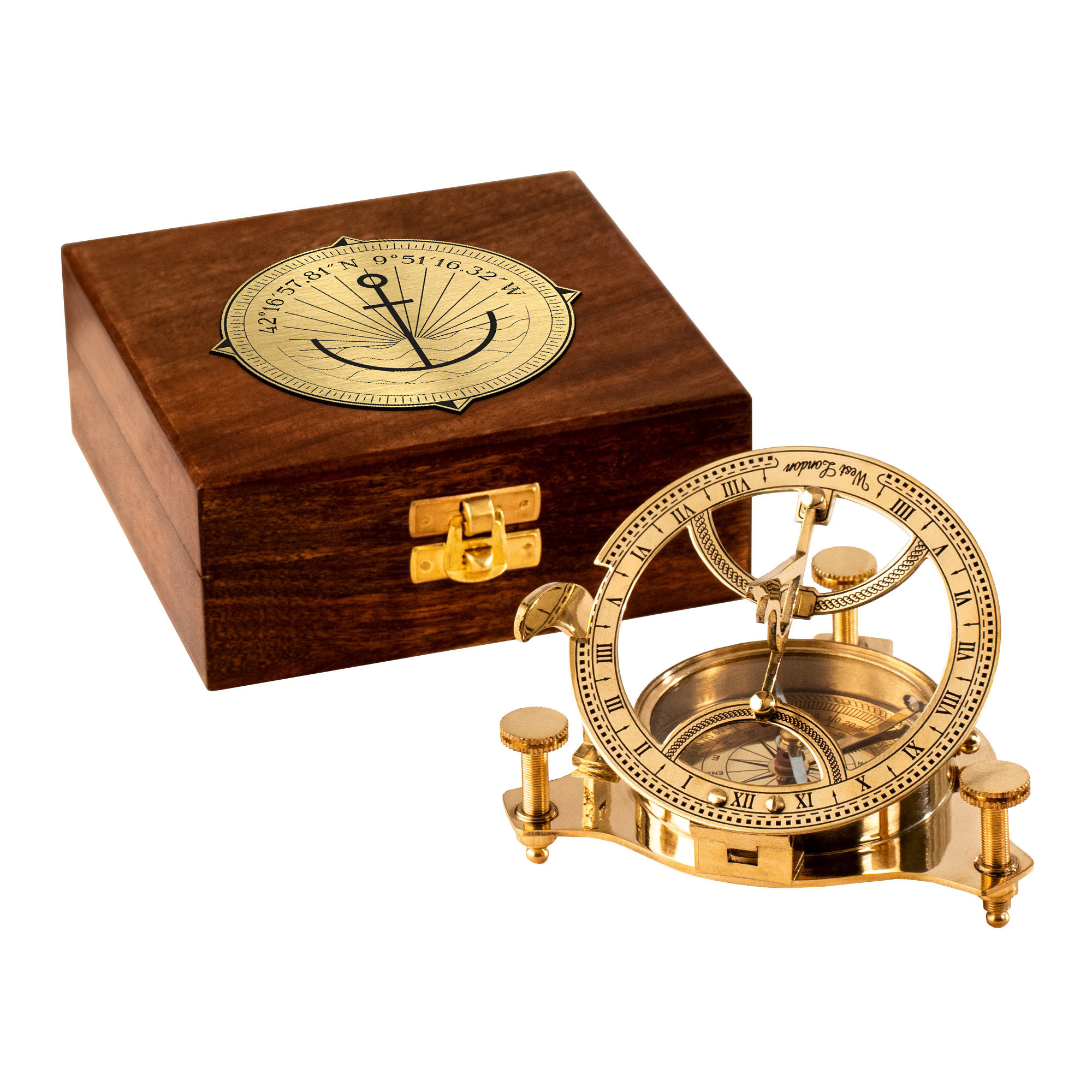 Kompass Sonnenuhr in Holzbox mit Gravur - Geokoordinaten