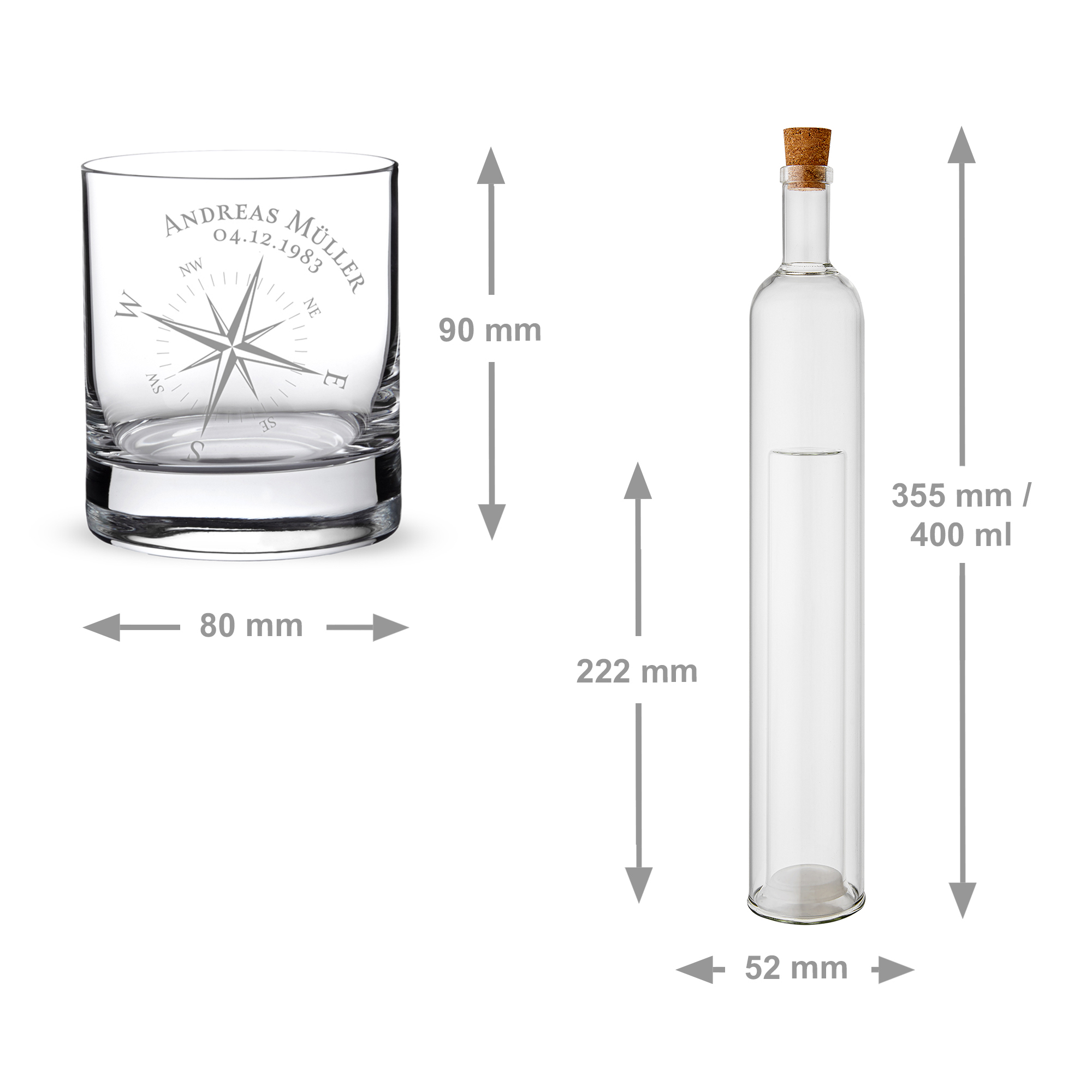 Bundle - Hohlraumflasche - Whiskyglas - Kompass - Personalisiert