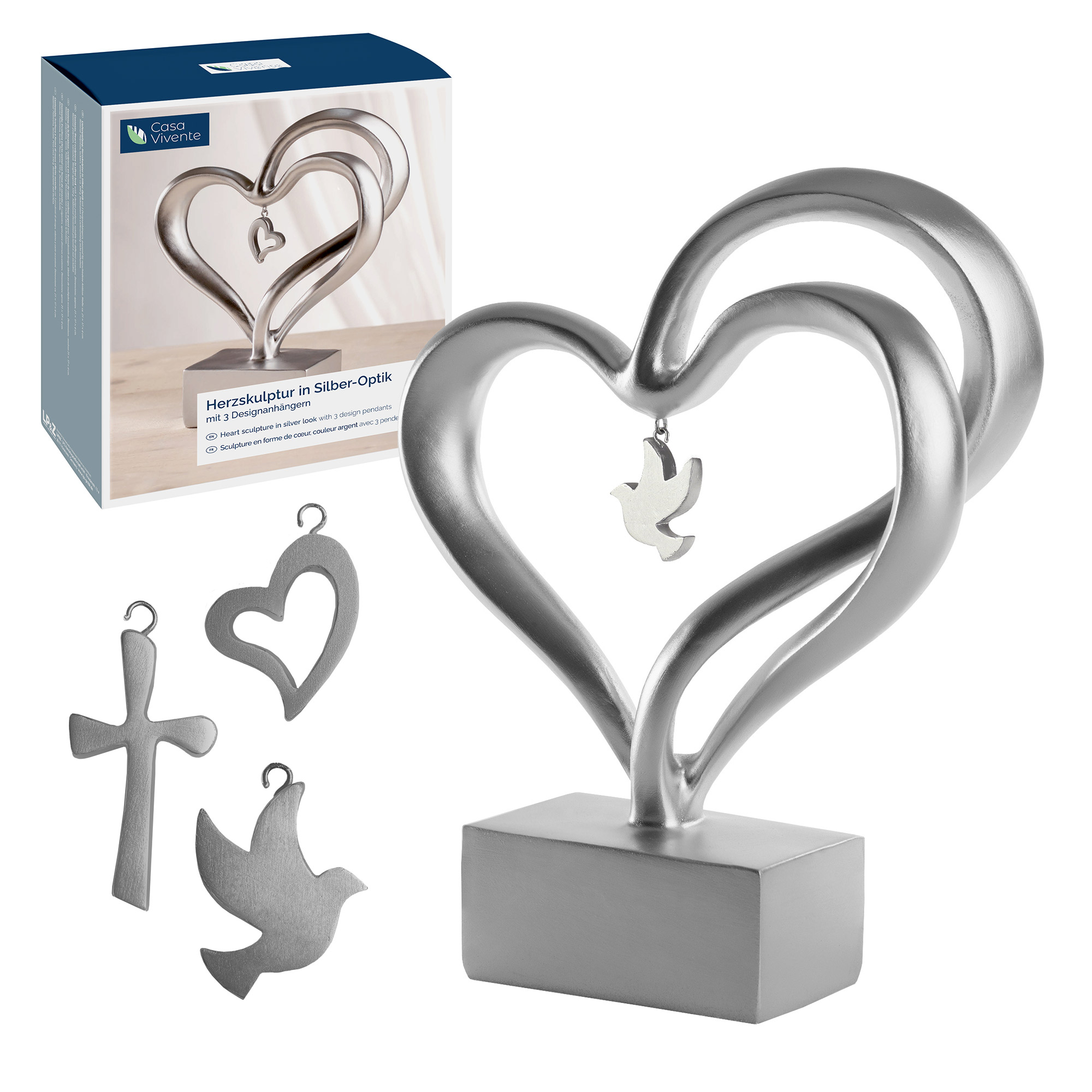 Silberne Skulptur in Herzform, Silber Herz als moderne Dekoration, elegantes Dekoherz mit austauschbaren Kreuz-, Taube- und Herzanhängern