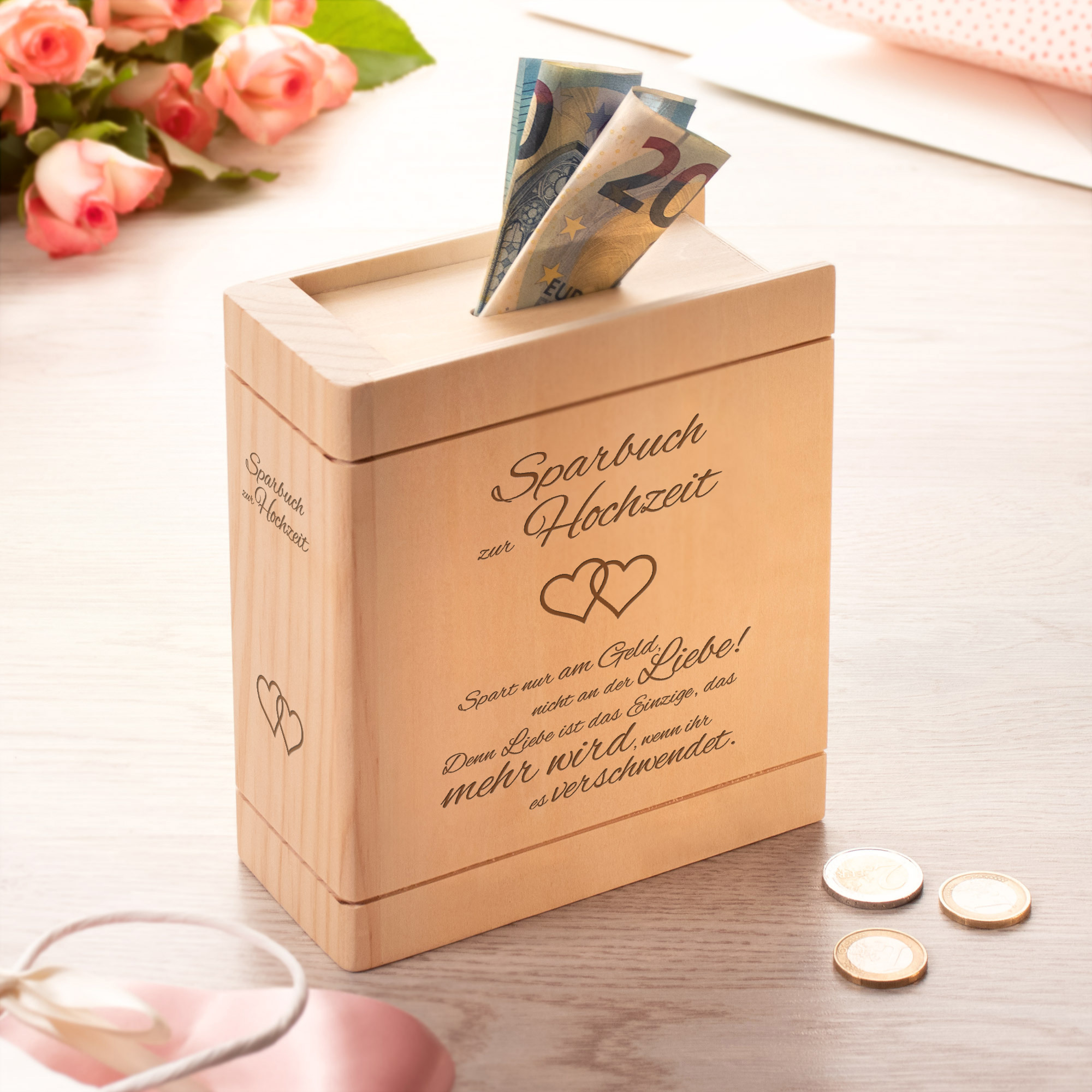 Spardose Buch aus Holz zur Hochzeit mit Spruch - Herzen - Personalisiert