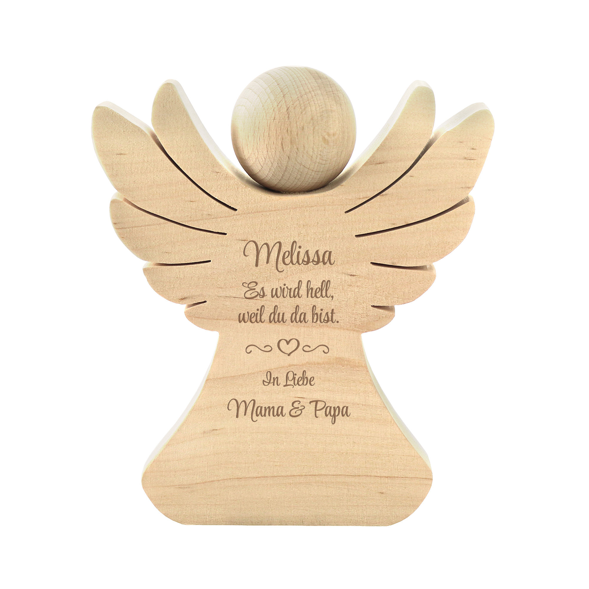 Engel aus Holz mit Gravur zur Geburt - Personalisiert