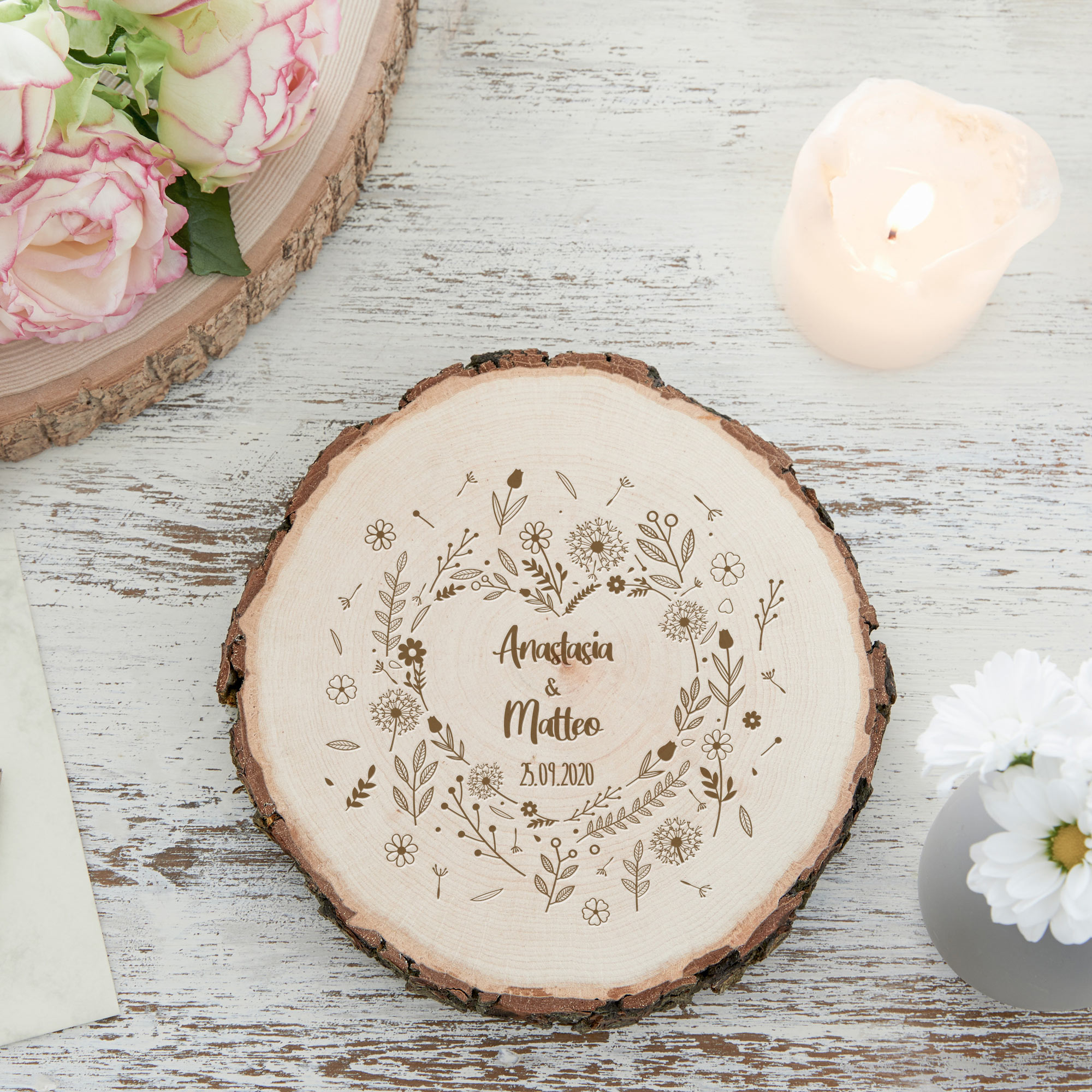 Baumscheibe - Blumenherz Hochzeit - Personalisiert