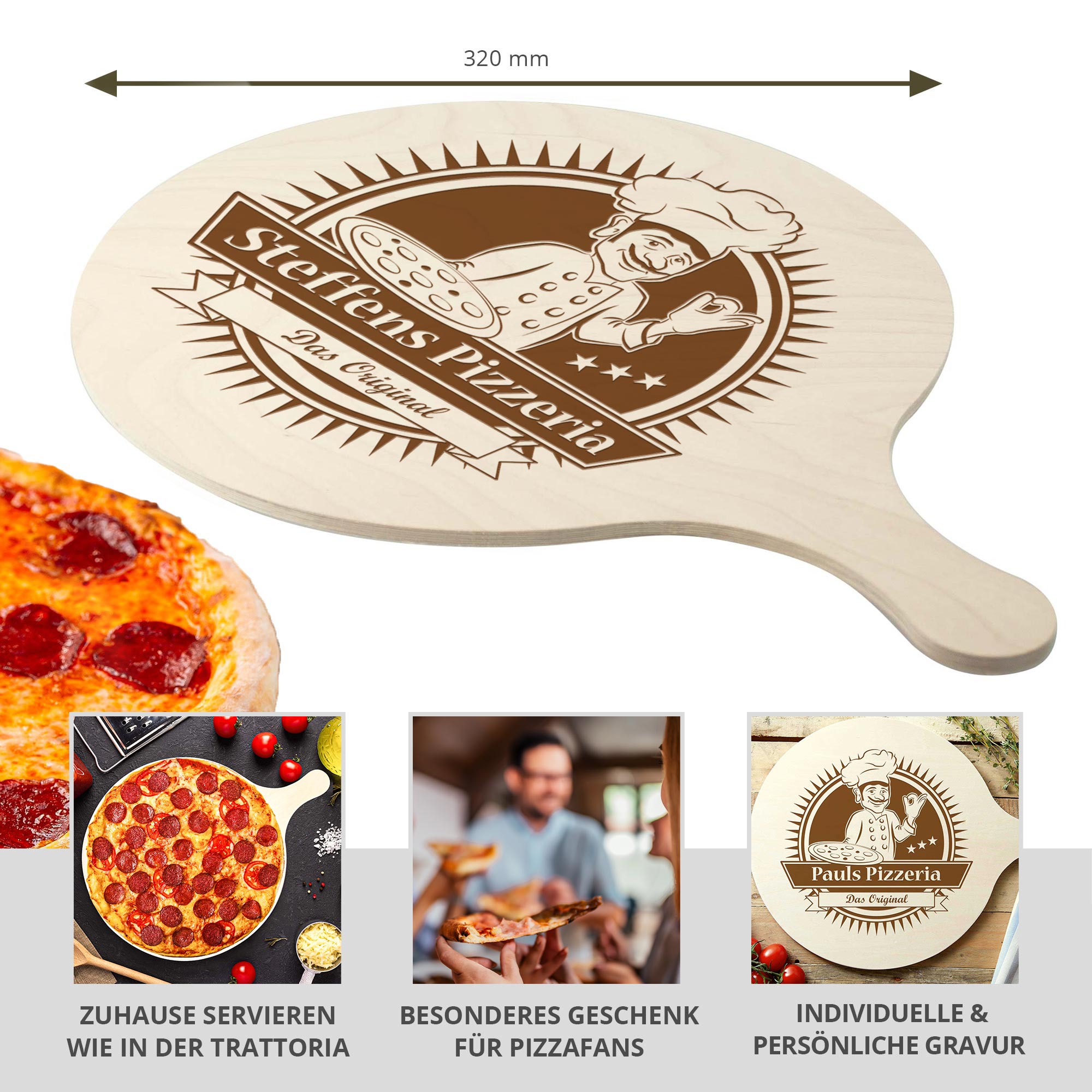 Pizzabrett - Names Pizzeria - das Original - Koch - Personalisiert