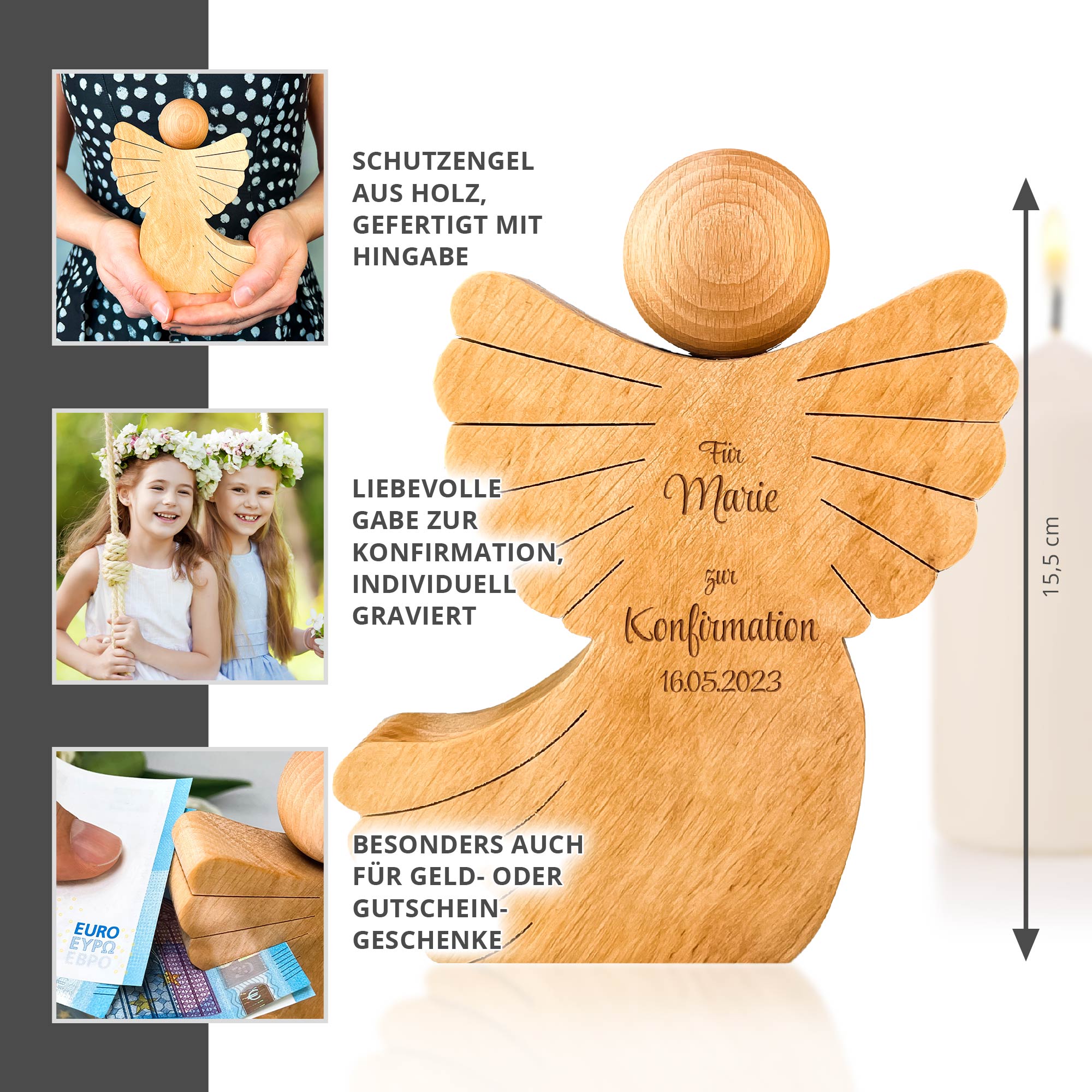 Engel mit Schweif aus Holz mit Gravur zur Konfirmation - Personalisiert