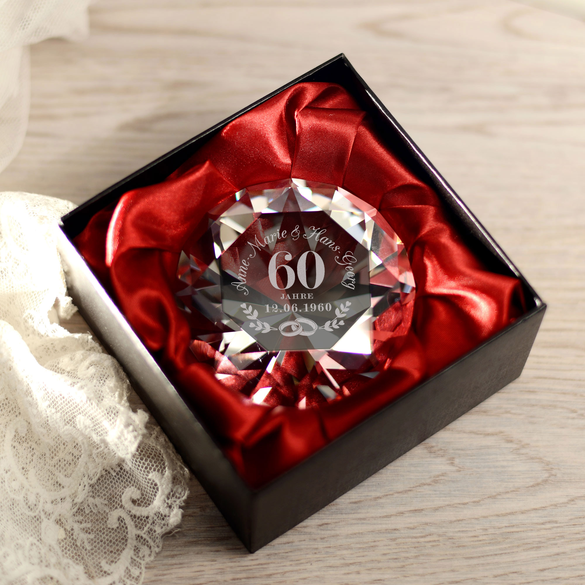 Kristall mit Gravur zur Diamantenen Hochzeit personalisiert Diamant