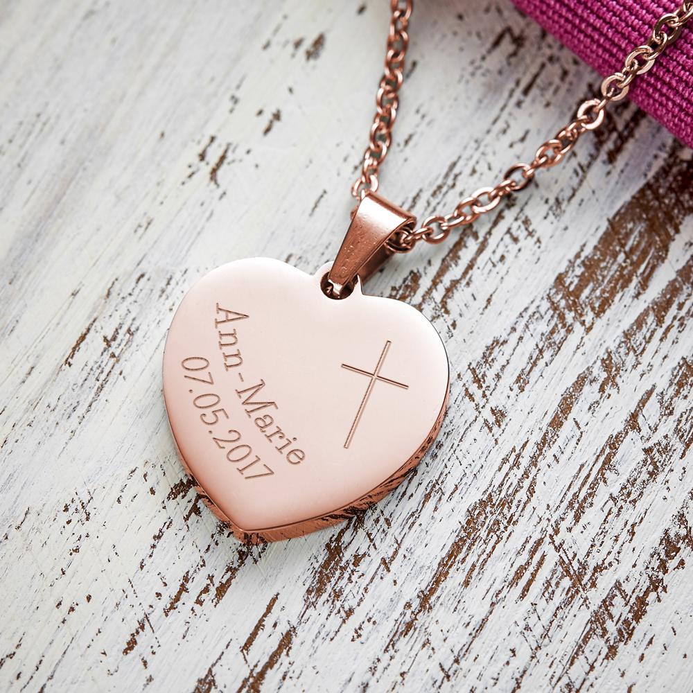 Herz Anhänger Kette mit Gravur - Roségold - Kreuz - Personalisiert