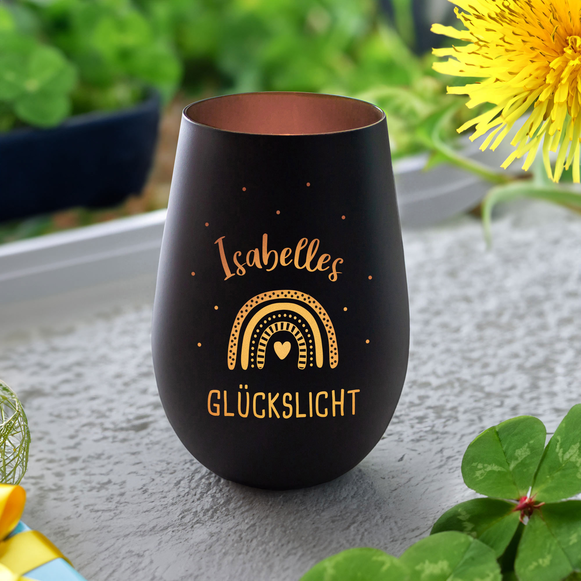 Windlicht mit Gravur Glückslicht - Schwarz Bronze