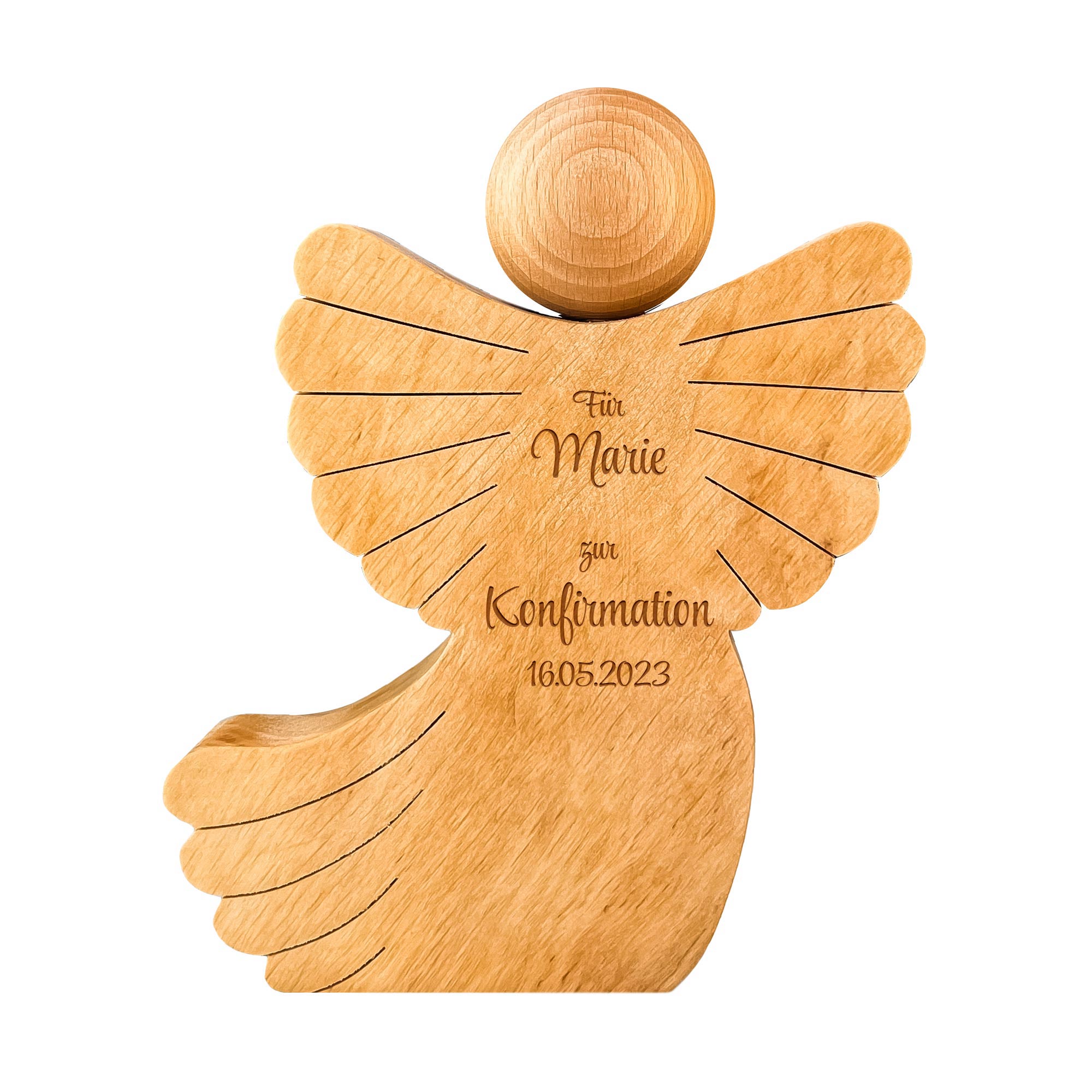 Engel mit Schweif aus Holz mit Gravur zur Konfirmation - Personalisiert