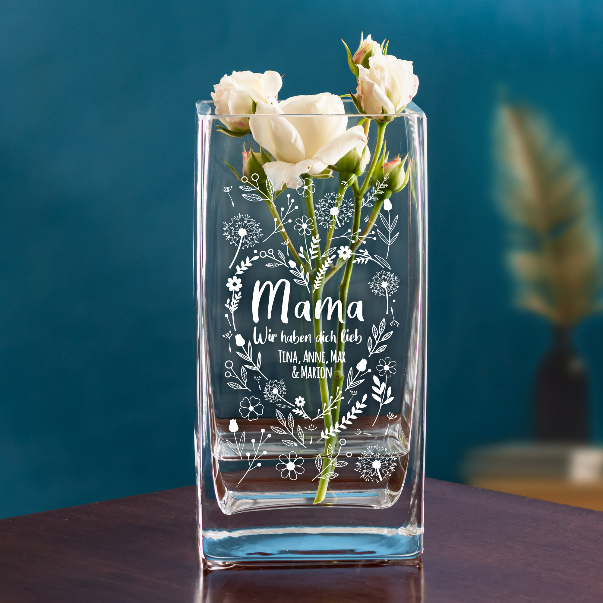 Vase - Eckig - Blumenherz Mama - Personalisiert