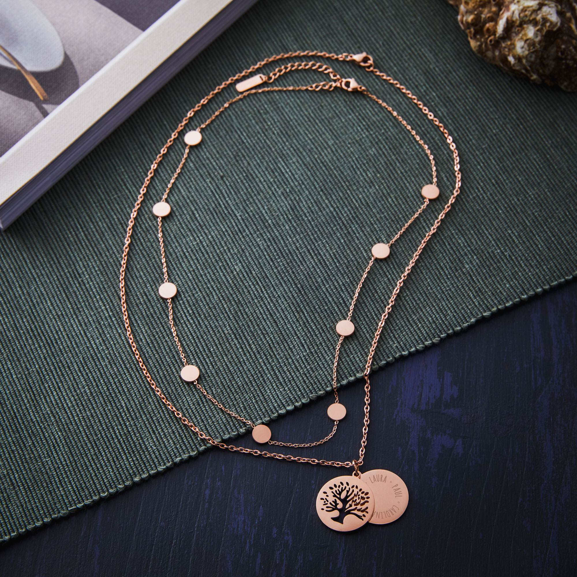 Set Layering Kette und Halskette Baum - Roségold - Personalisiert