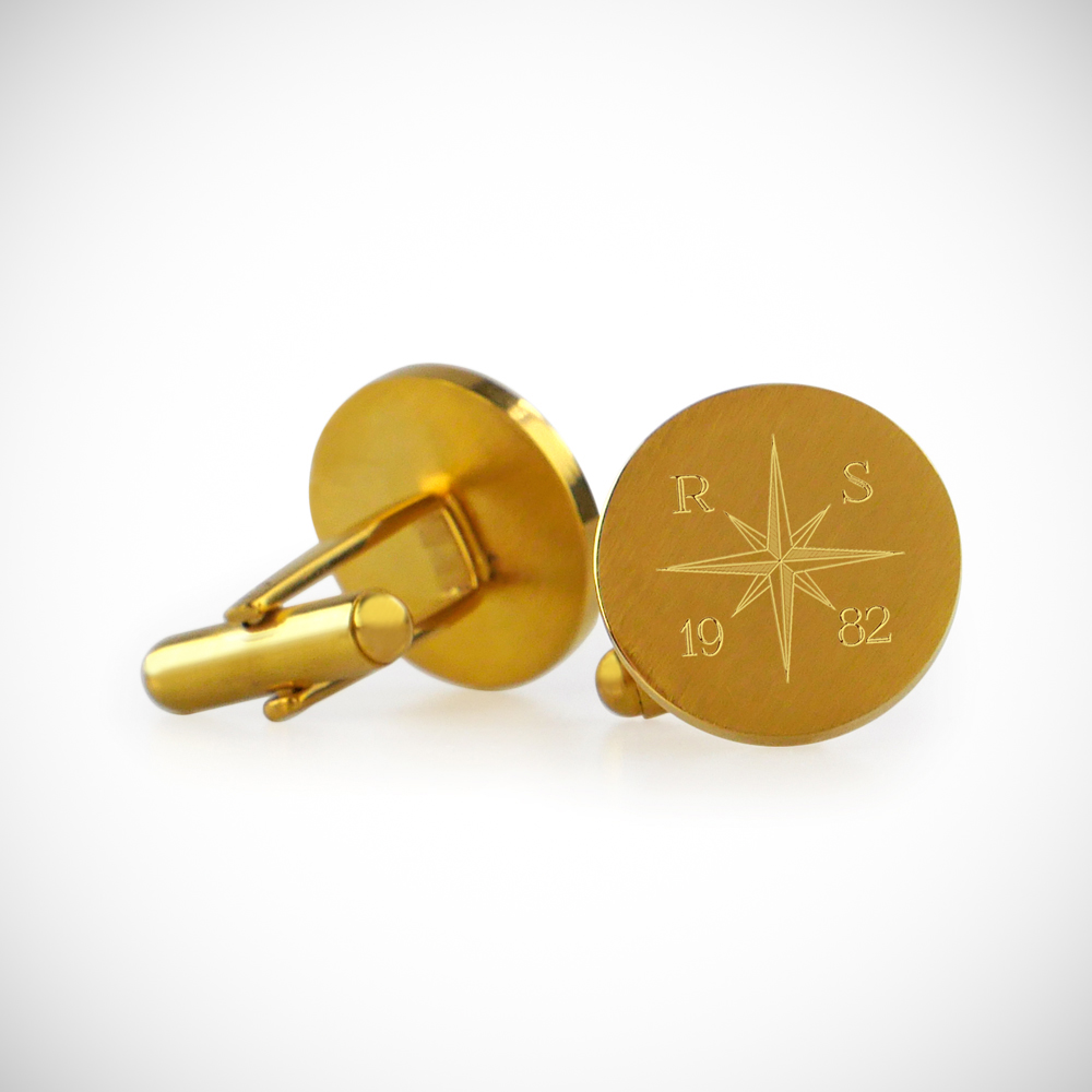Manschettenknöpfe - Rund - Gold - Kompass - Personalisiert