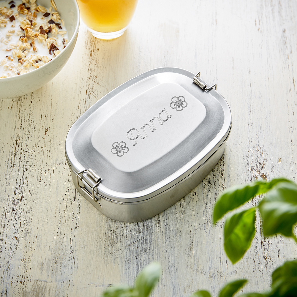 Runde Brotdose mit Gravur für Kinder - Lunchbox - Personalisiert - Edelstahl