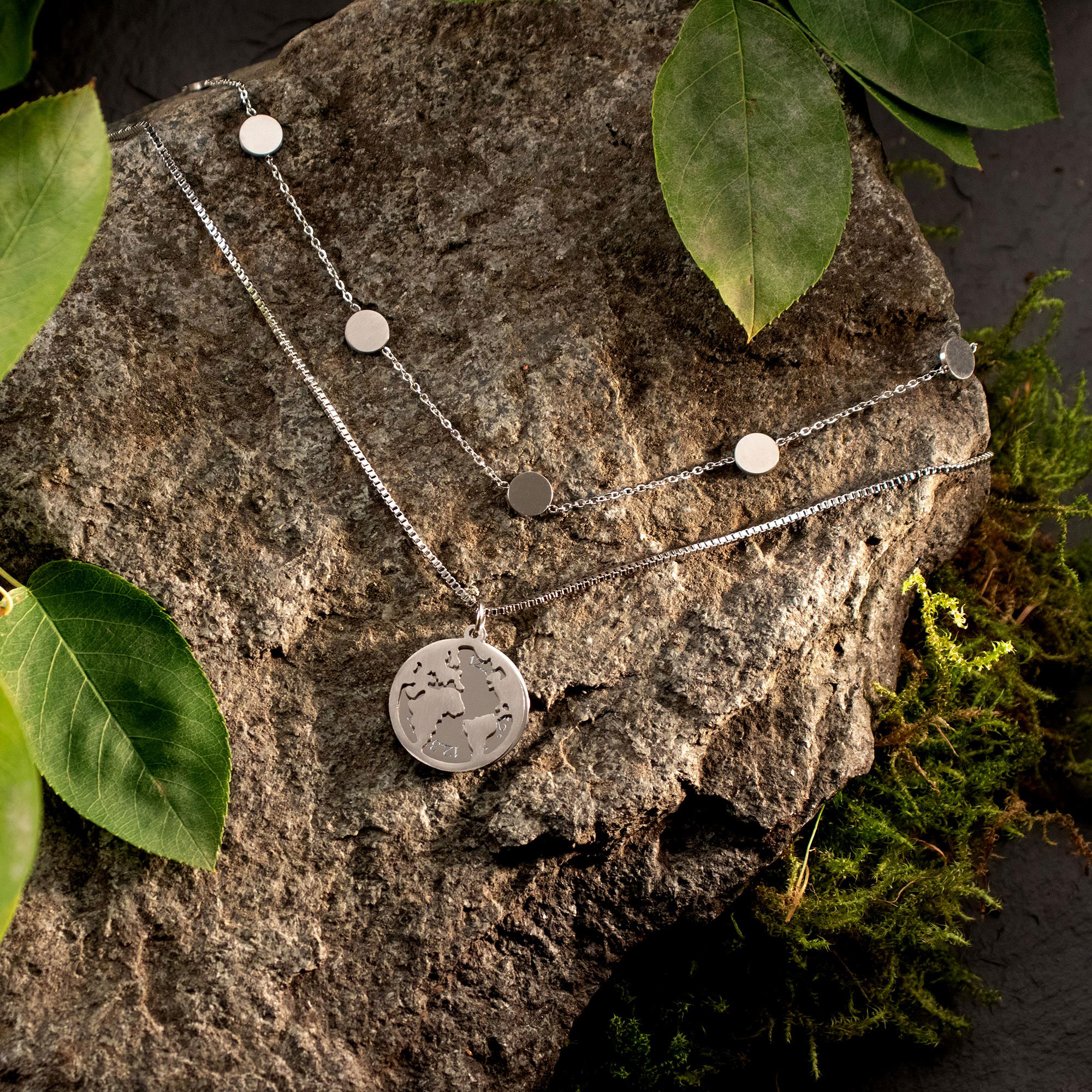 Schmuckset Silber mit Globus & Layering Kette - Koordinaten