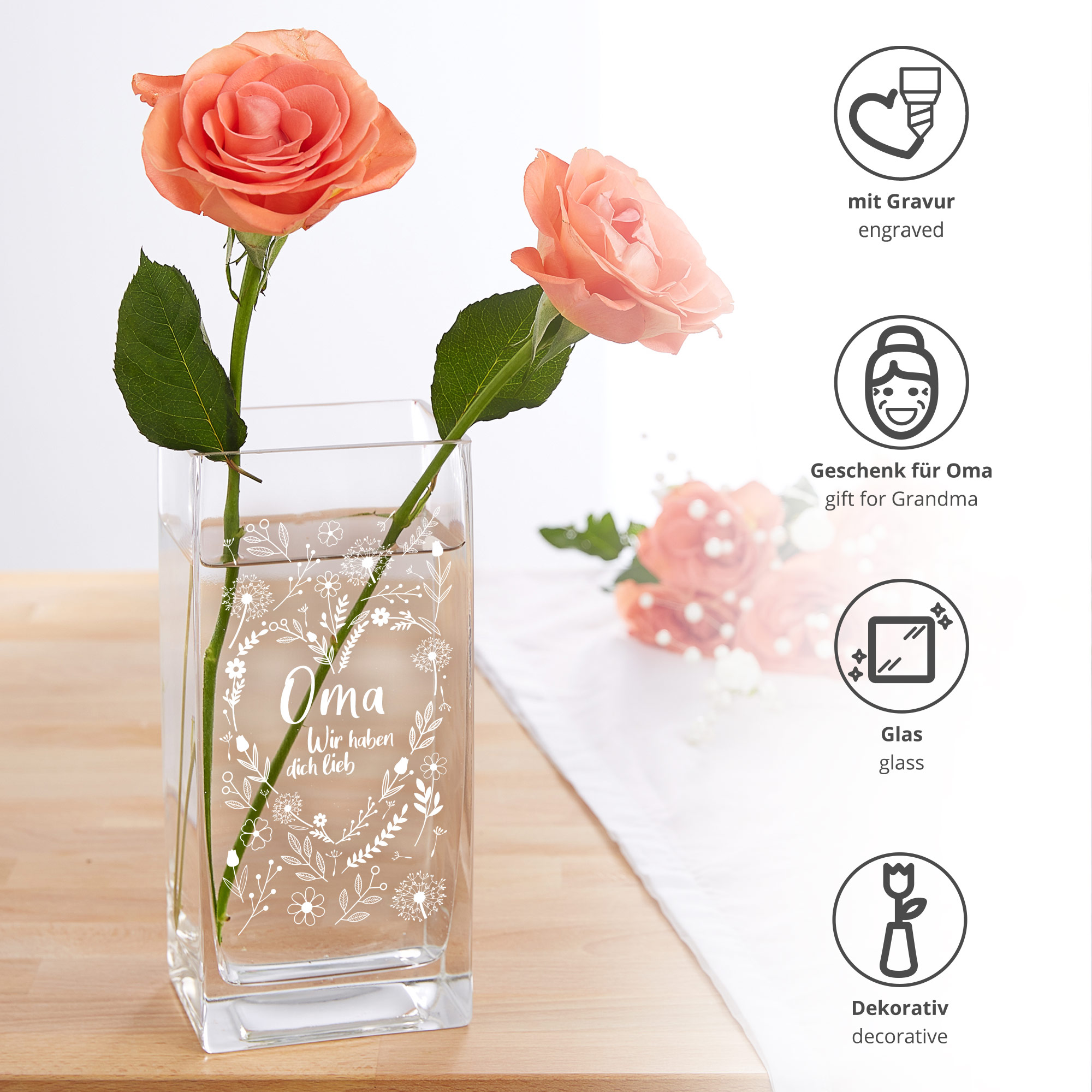 Eckige Vase - Blumenherz für Oma