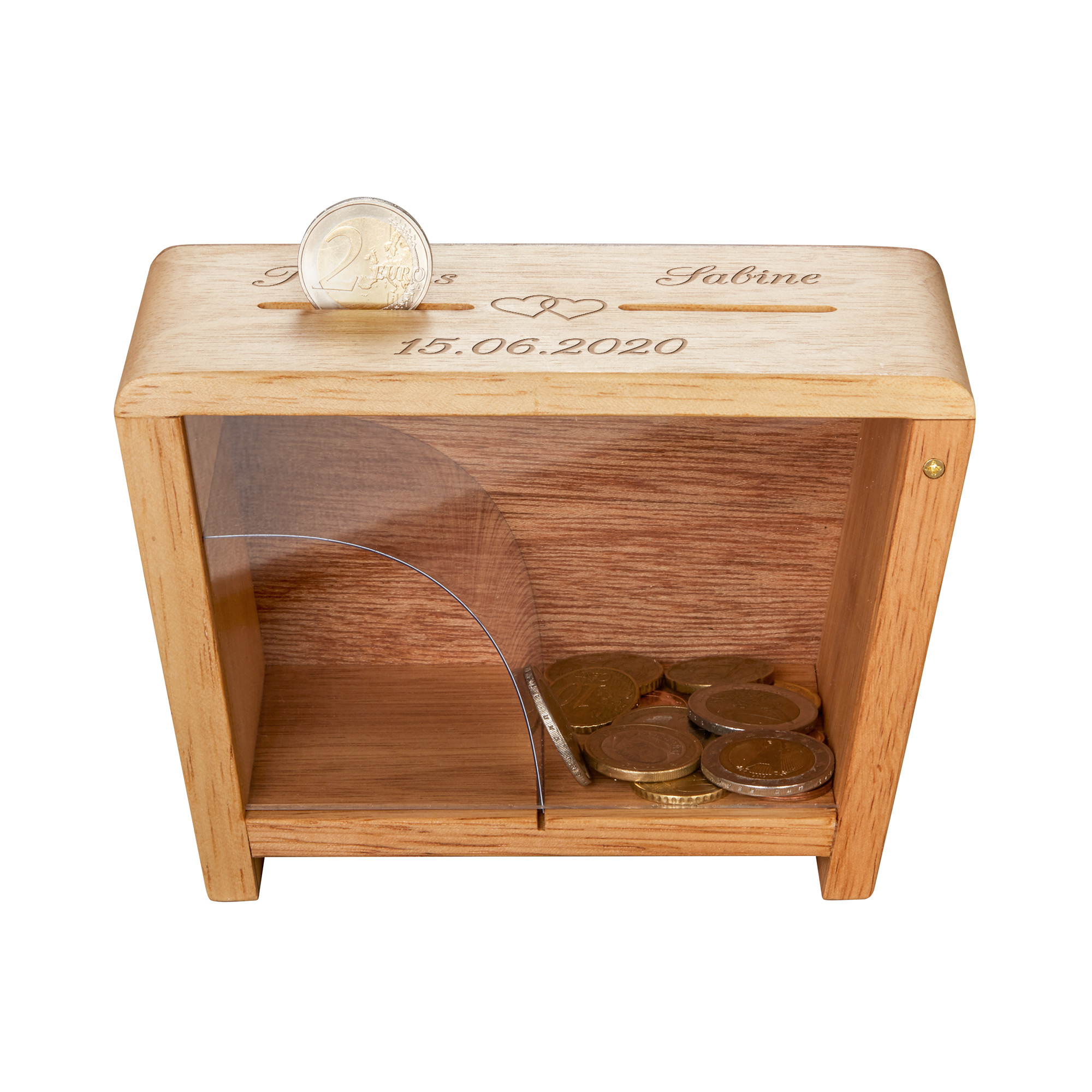Holz Spardose zur Hochzeit mit Gravur Er und Sie - Herzen - Personalisiert