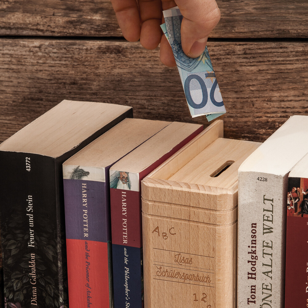 Spardose Buch aus Holz mit Gravur Einschulung - Personalisiert