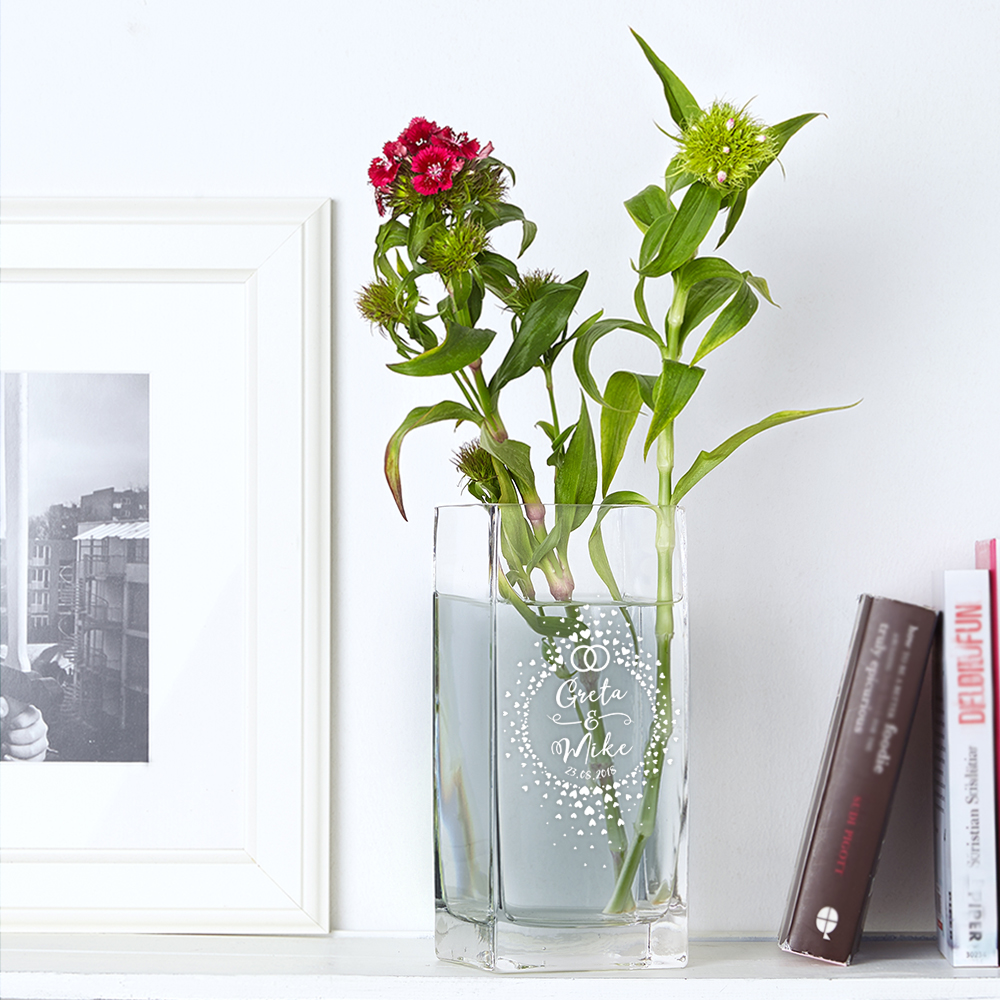 Vase - Eckig - Kreis aus Herzchen - Ringe - Personalisiert