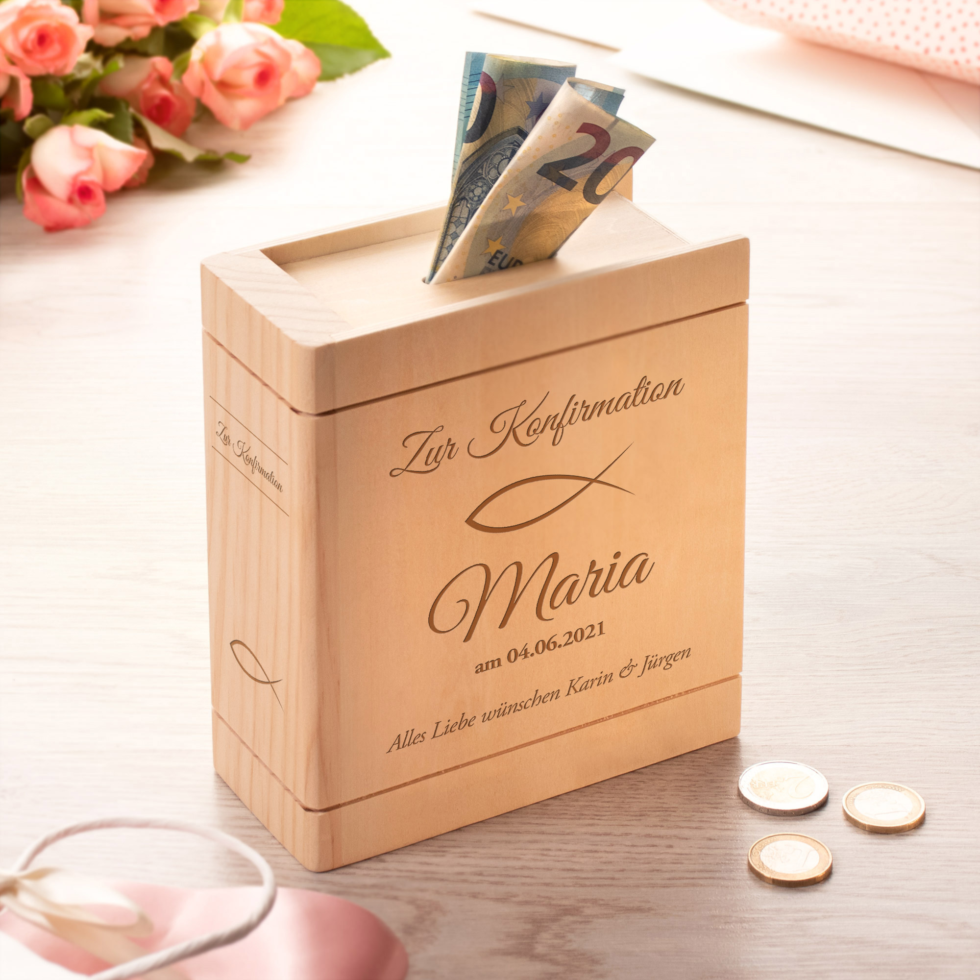 Spardose Buch aus Holz mit Gravur zur Konfirmation - Personalisiert