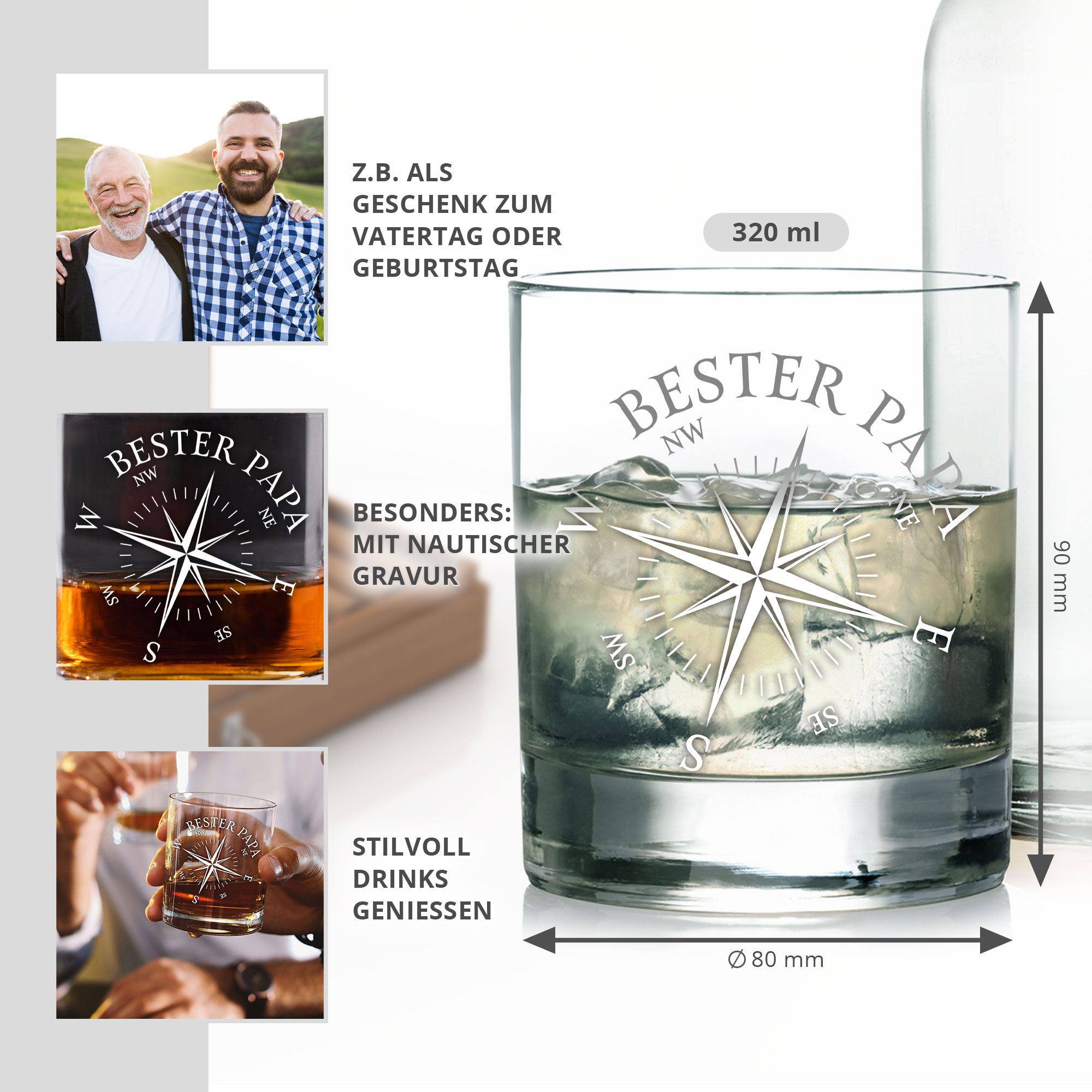 Whiskyglas mit Gravur Kompass - Bester Papa