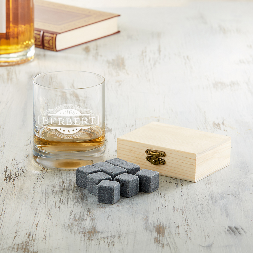 Whiskyset - Whiskysteine und Whiskyglas mit Gravur - Banderole