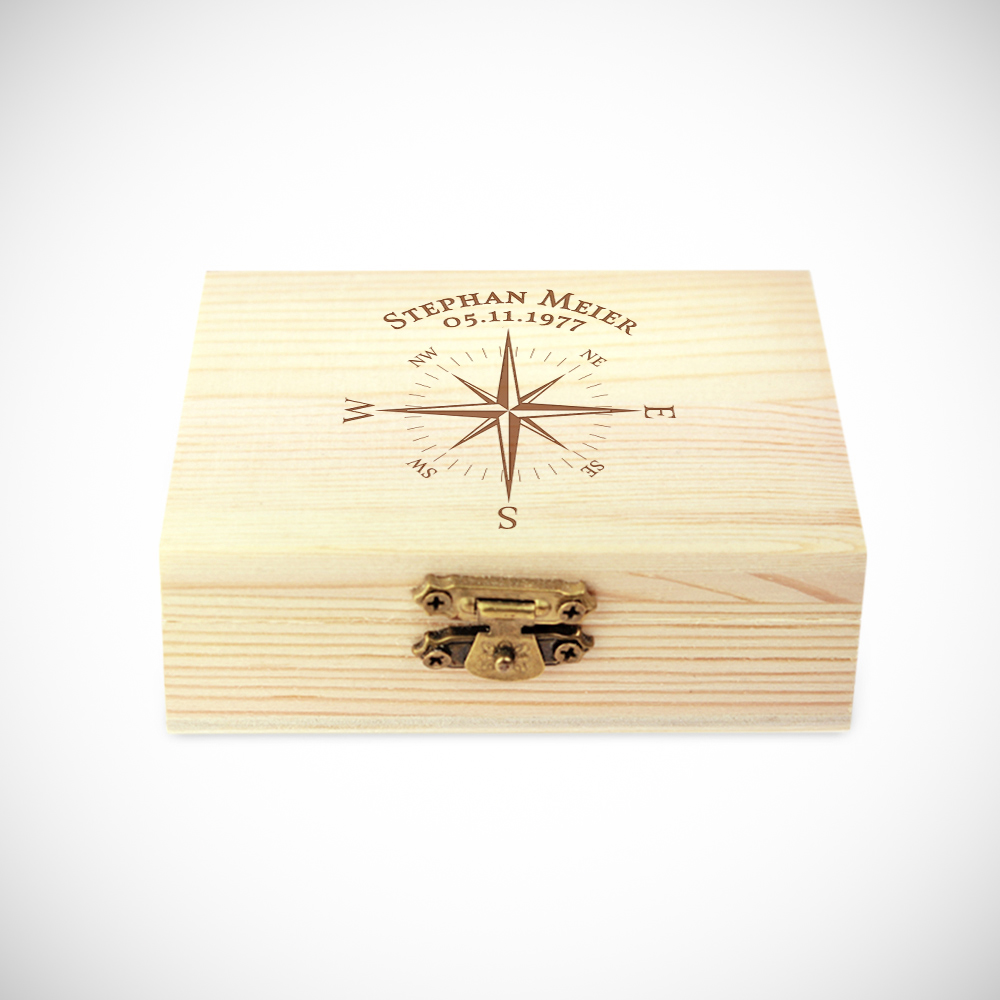 Whiskysteine in edler Holzbox mit Gravur - Kompass
