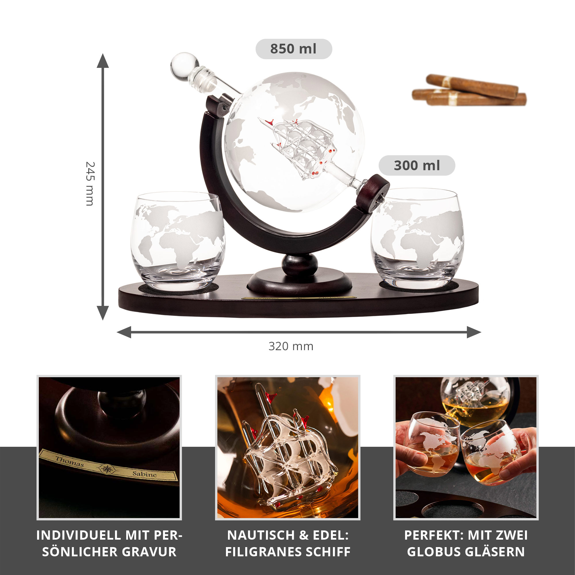 Whisky Set Kompass mit Karaffe, Tablett und 2 Gläsern - Personalisiert