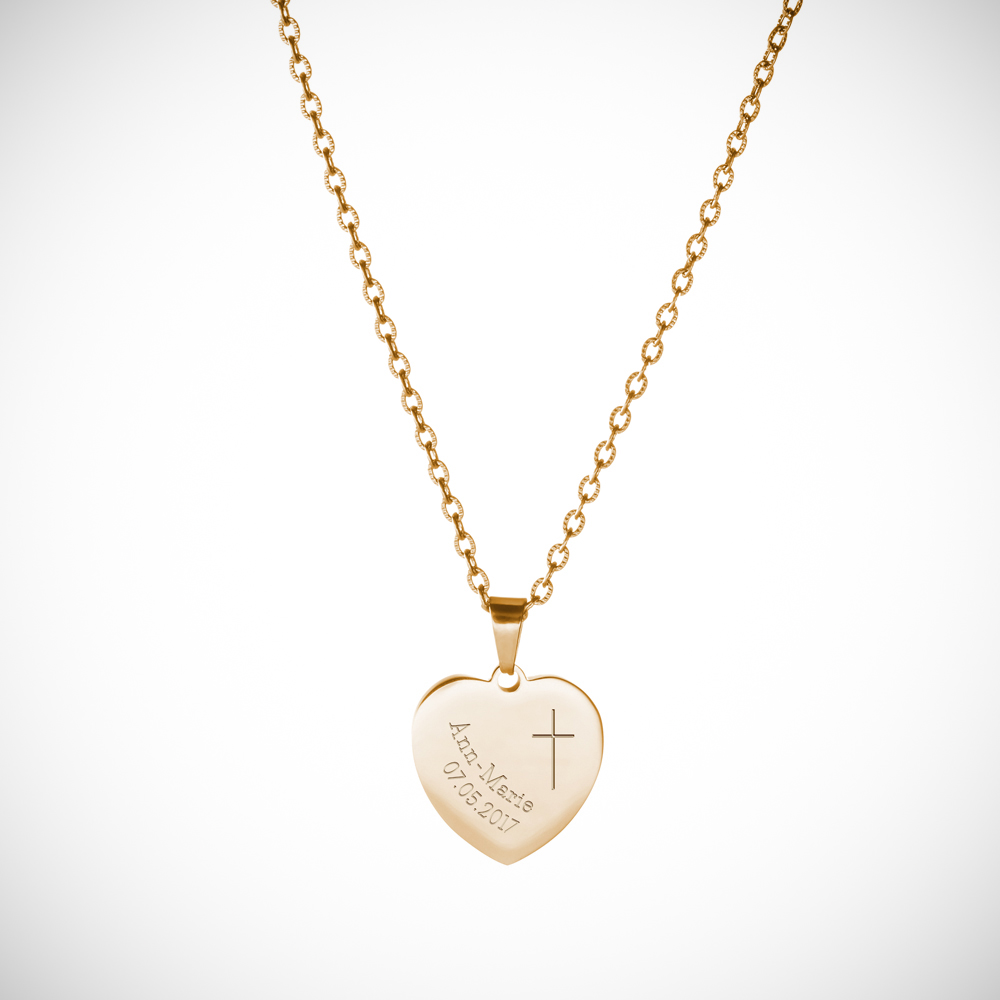 Herz Anhänger Kette mit Gravur - Gold - Kreuz - Personalisiert