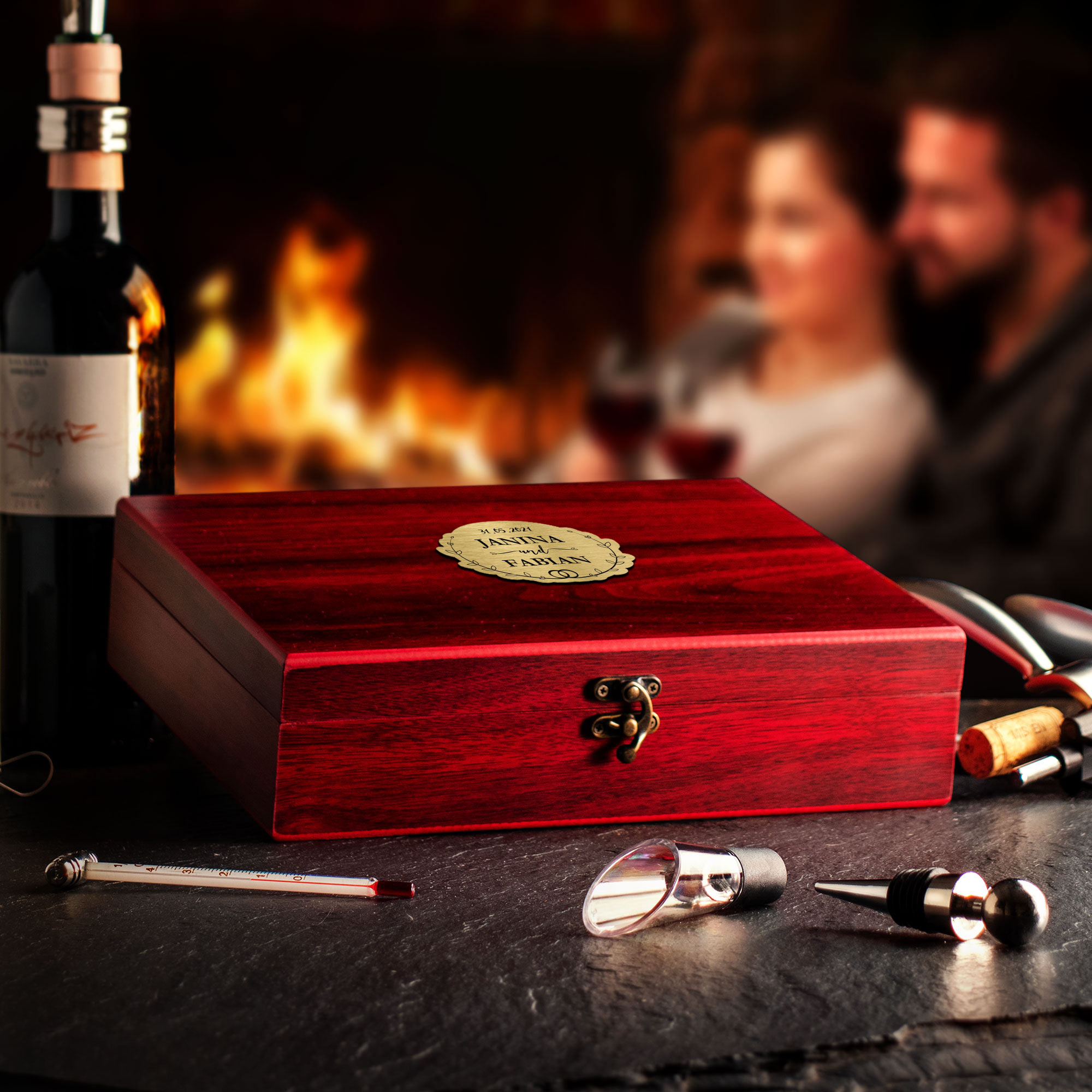Sommelier Weinset 10-teilig als Hochzeitsgeschenk für Weinliebhaber, Wein Zubehör im Geschenkset mit Namensgravur, Weinsommelier Set in Holzbox