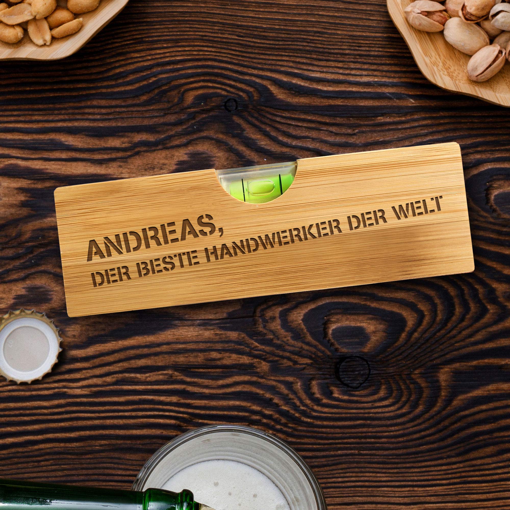 Wasserwaage mit Flaschenöffner aus Holz - Personalisiert