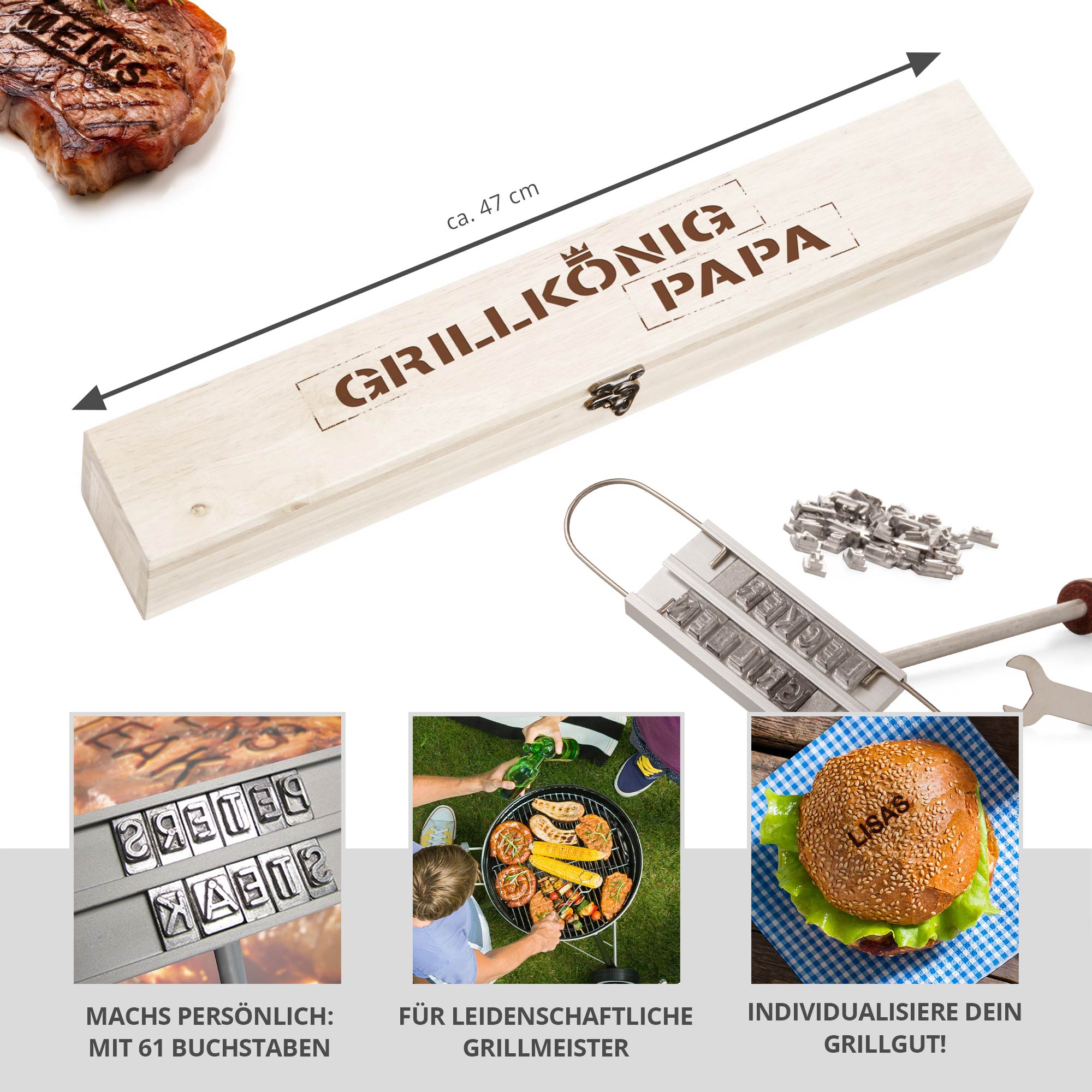Grillbrandeisen mit Holzbox - Grillkönig - Papa - Standard