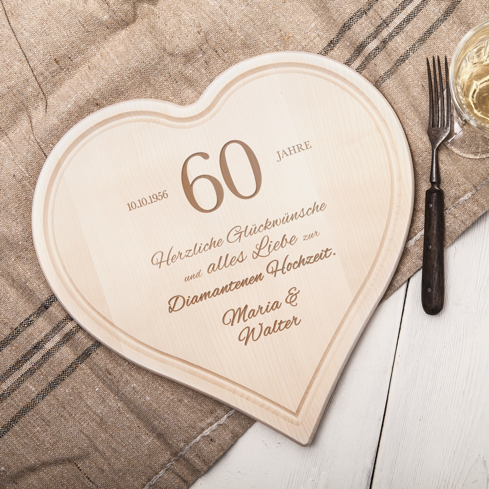 Herzbrett mit Gravur - Diamantene Hochzeit - Personalisiert