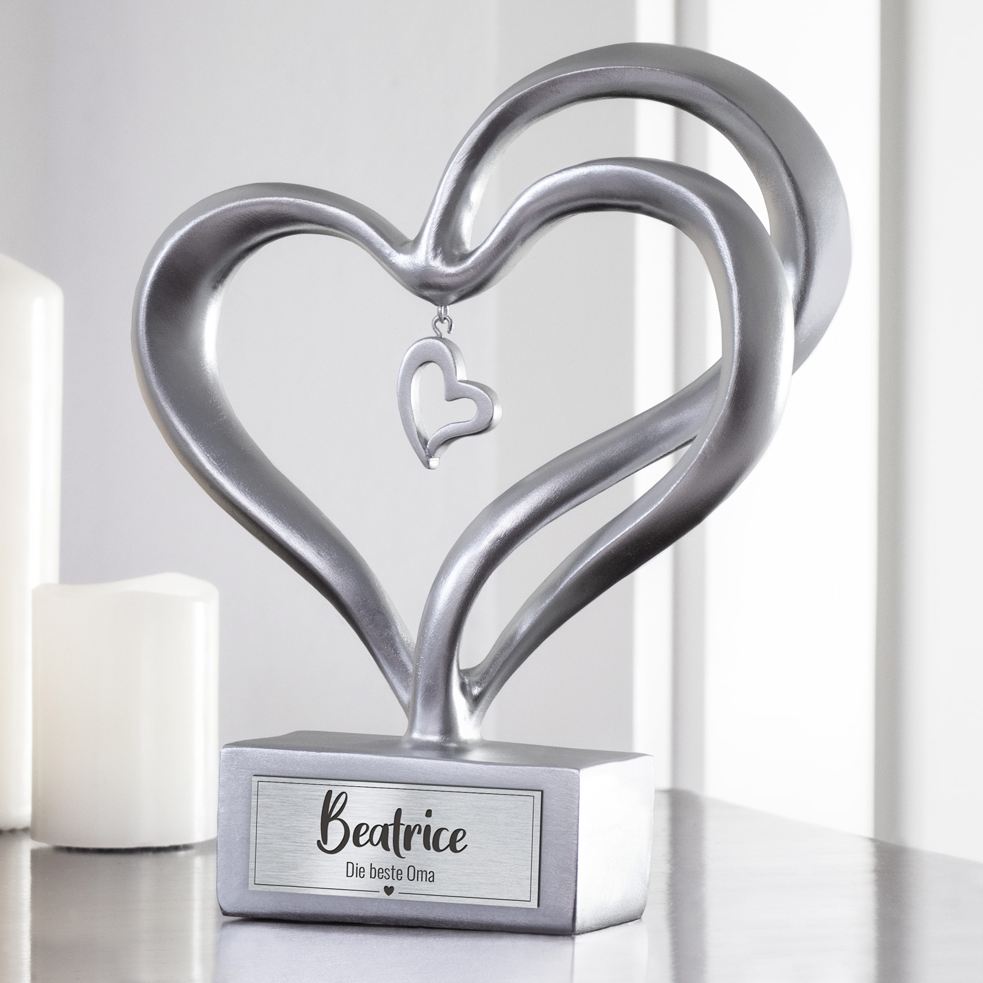 Personalisierte Silber Herz Skulptur für die Beste Oma