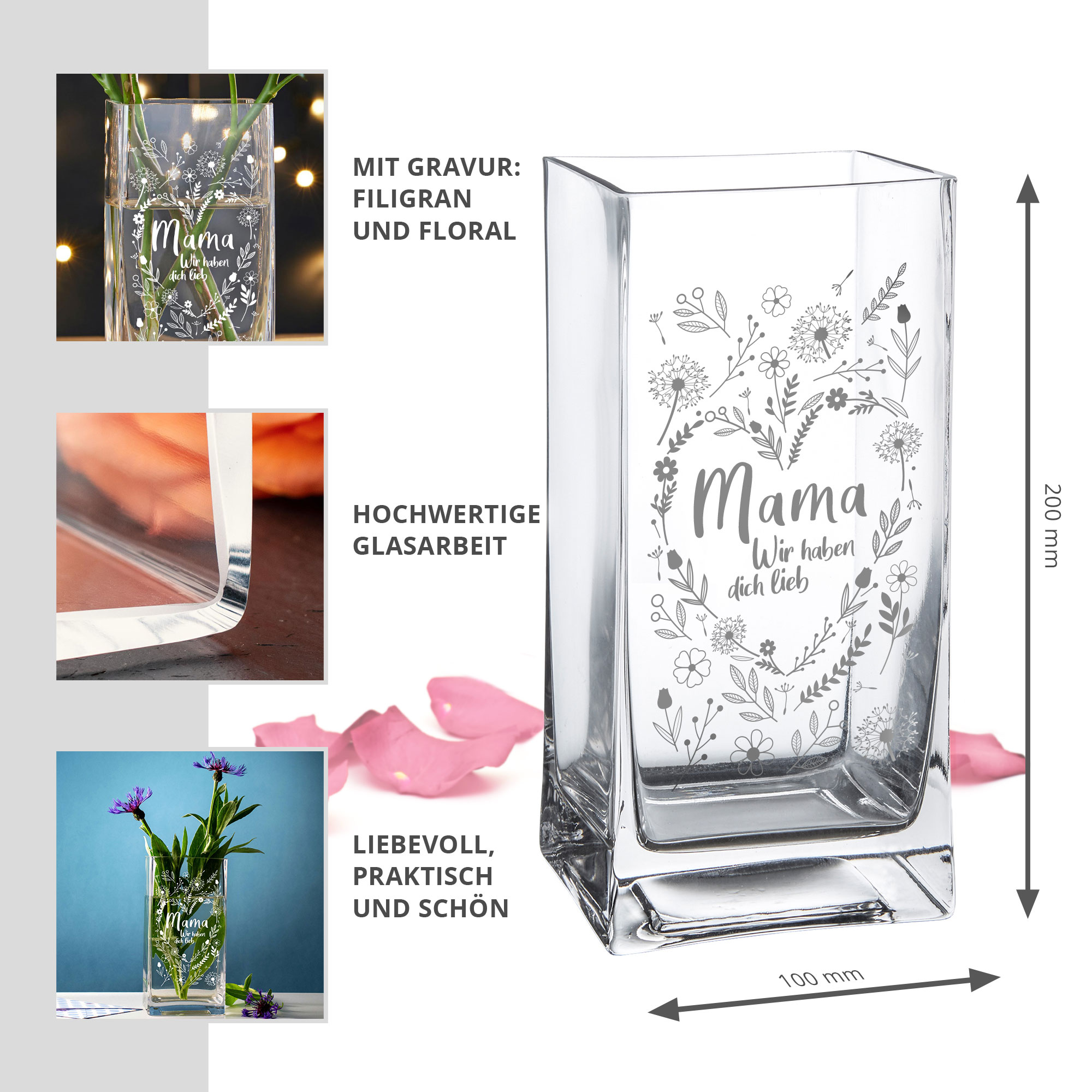 Eckige Vase - Blumenherz für Mama