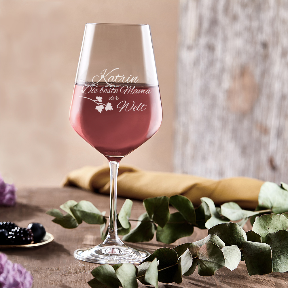 Rotweinglas - Beste Mama - Motiv 3 - Weinblätter - Personalisiert