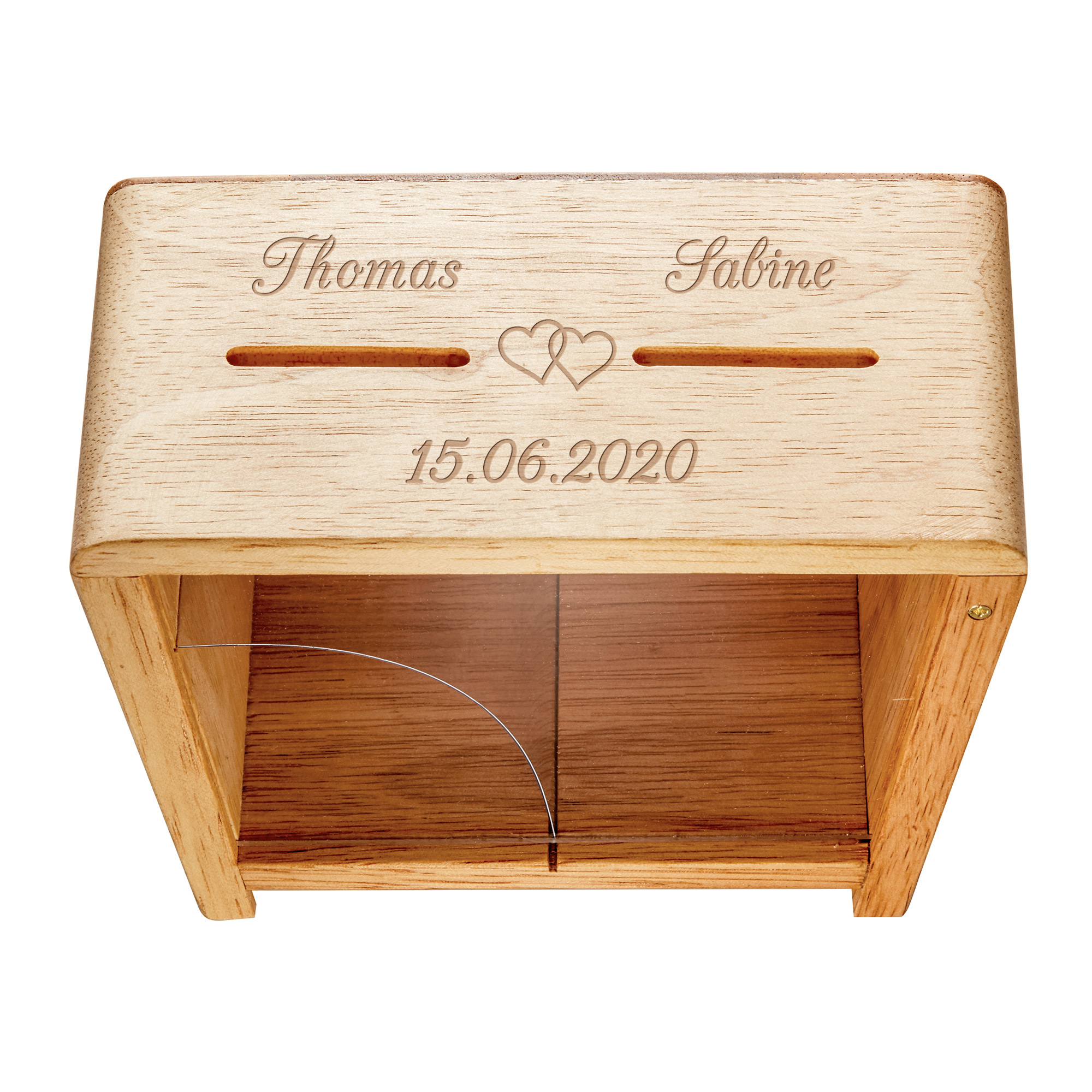 Holz Spardose zur Hochzeit mit Gravur Er und Sie - Herzen - Personalisiert