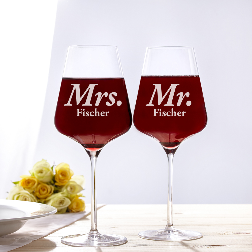 Weinglas mit Gravur - Mr Mrs - Personalisiert - 2er Set