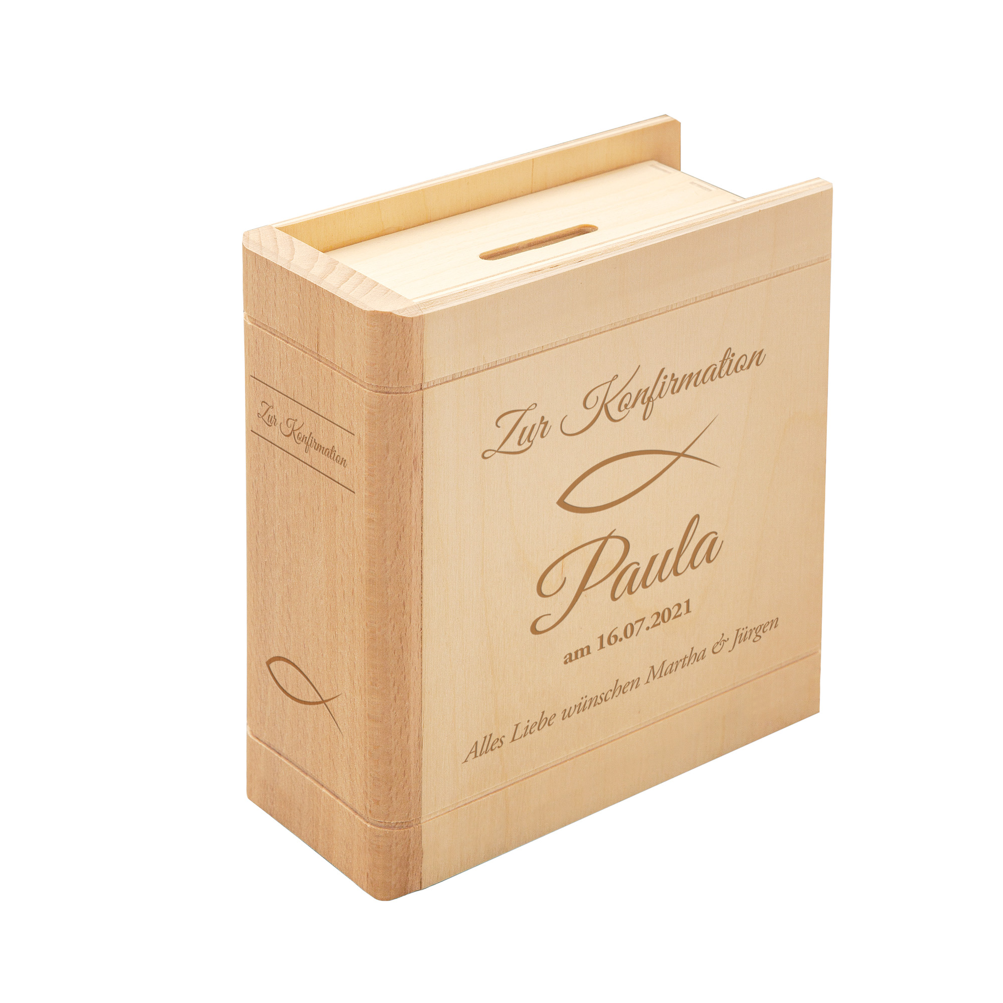 Spardose Buch aus Holz mit Gravur zur Konfirmation - Personalisiert