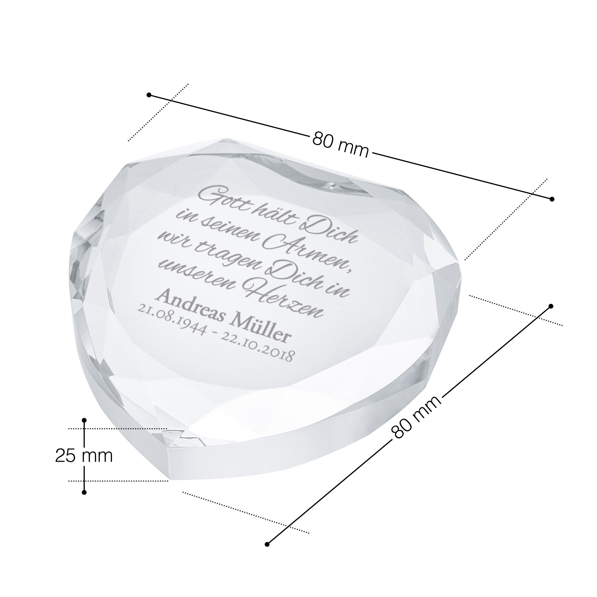 Herzkristall aus Glas mit Gravur - Trauerspruch - Personalisiert
