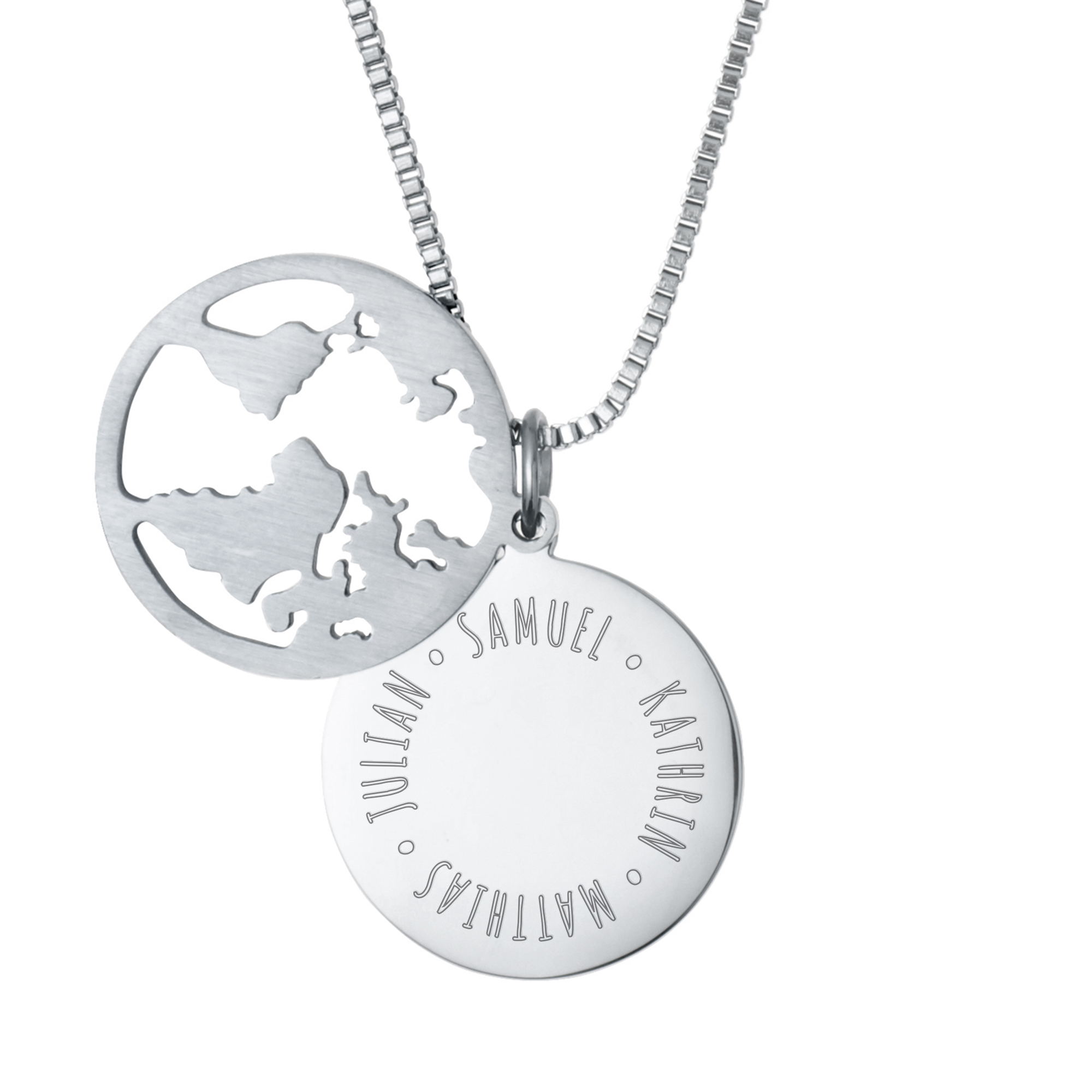 Halskette mit Gravur - Globus und Namen - Silber - Personalisiert