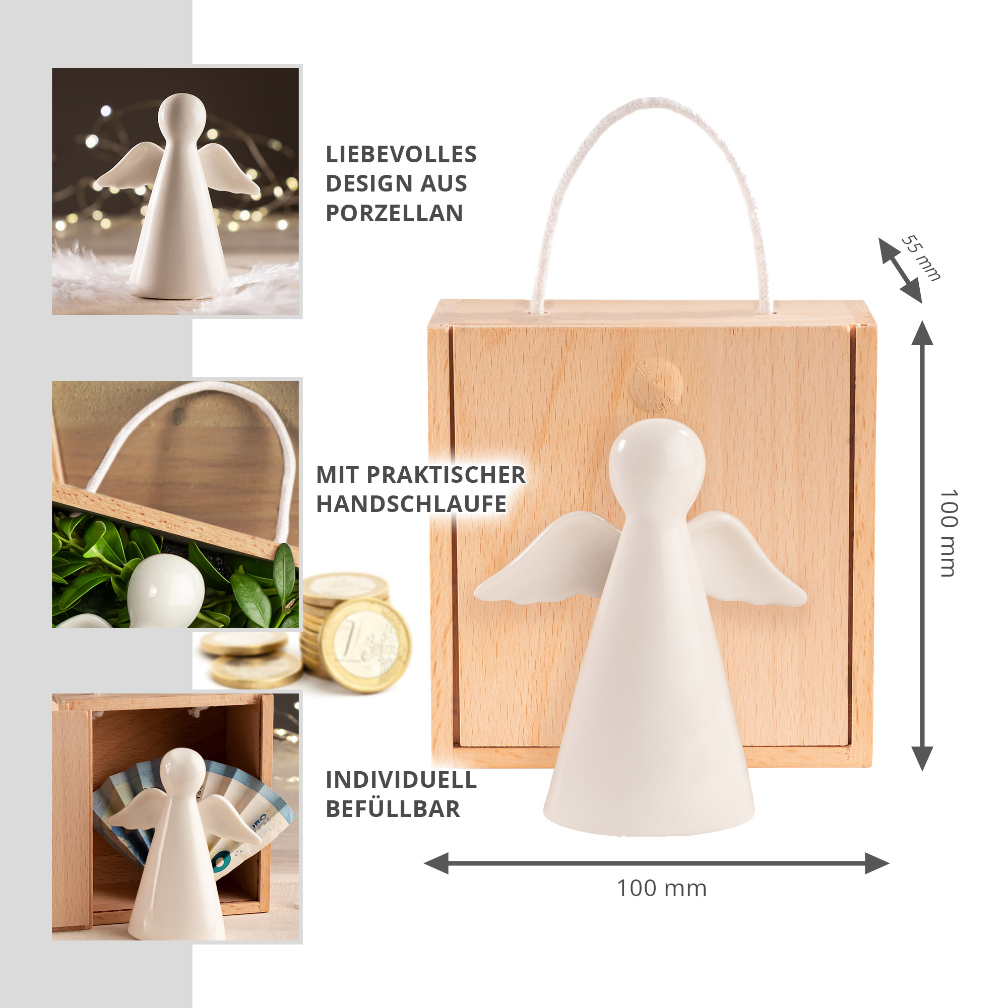 Schutzengel Glücksbringer als Geldgeschenk, Engelfigur in dekorativer Geschenkbox, Engel Geldgeschenk Weihnachten, Mini Schutzengel Figur in weiß