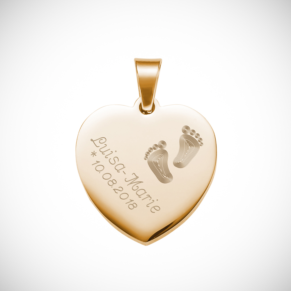Herz Anhänger Kette mit Gravur Babyfuss - Gold - Personalisiert