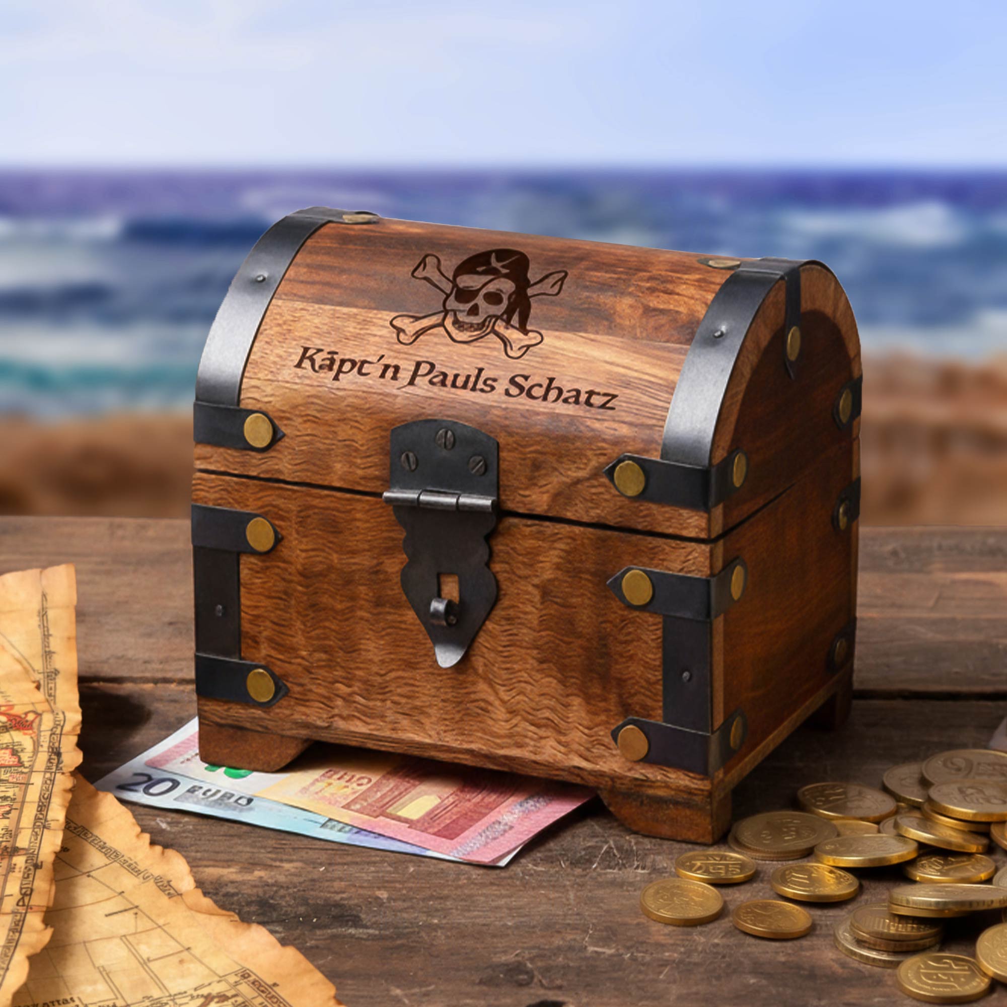 Geld Schatztruhe Piratenschatz - Dunkel - Personalisiert