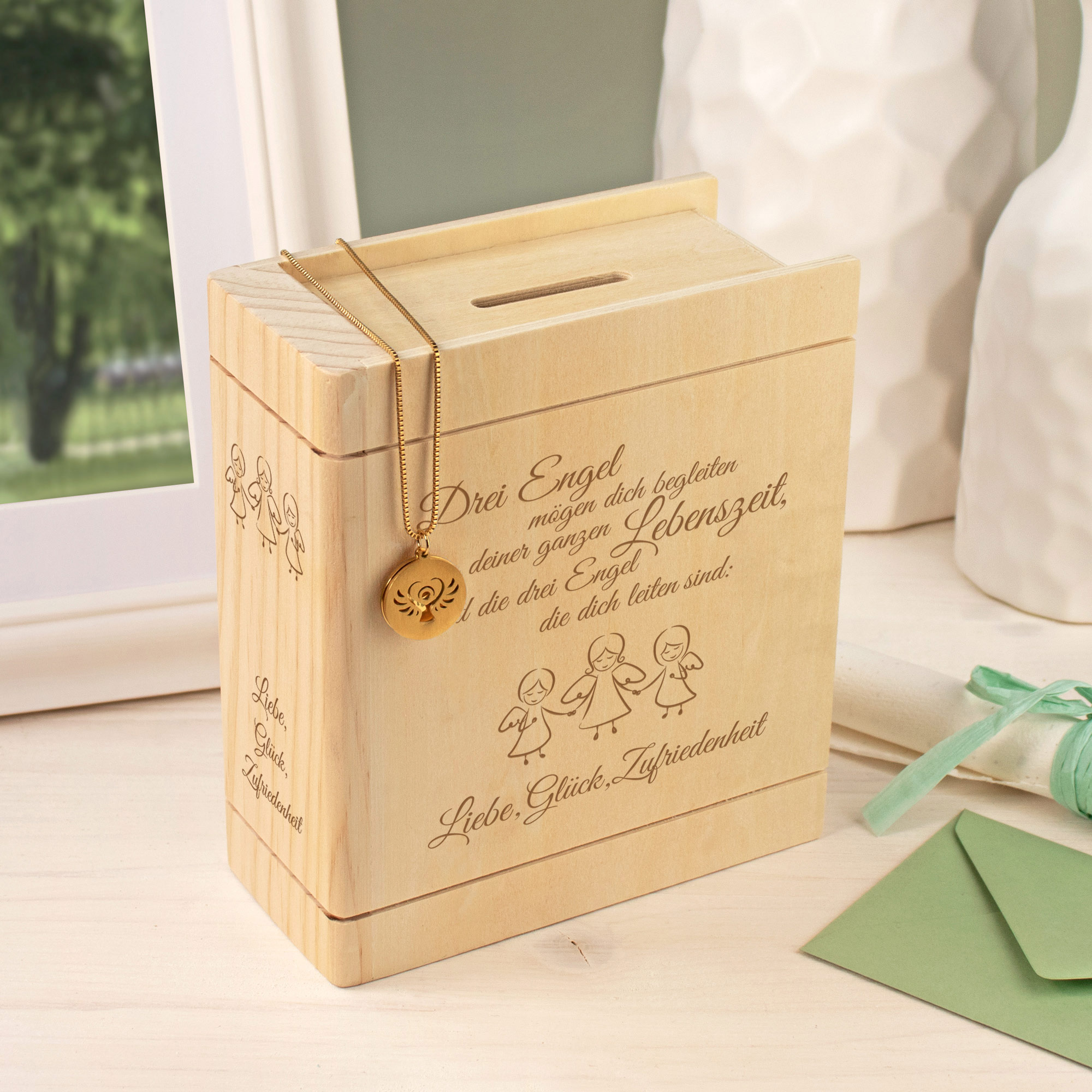 Set Buch Spardose und Halskette mit Gravur in Gold - Engel