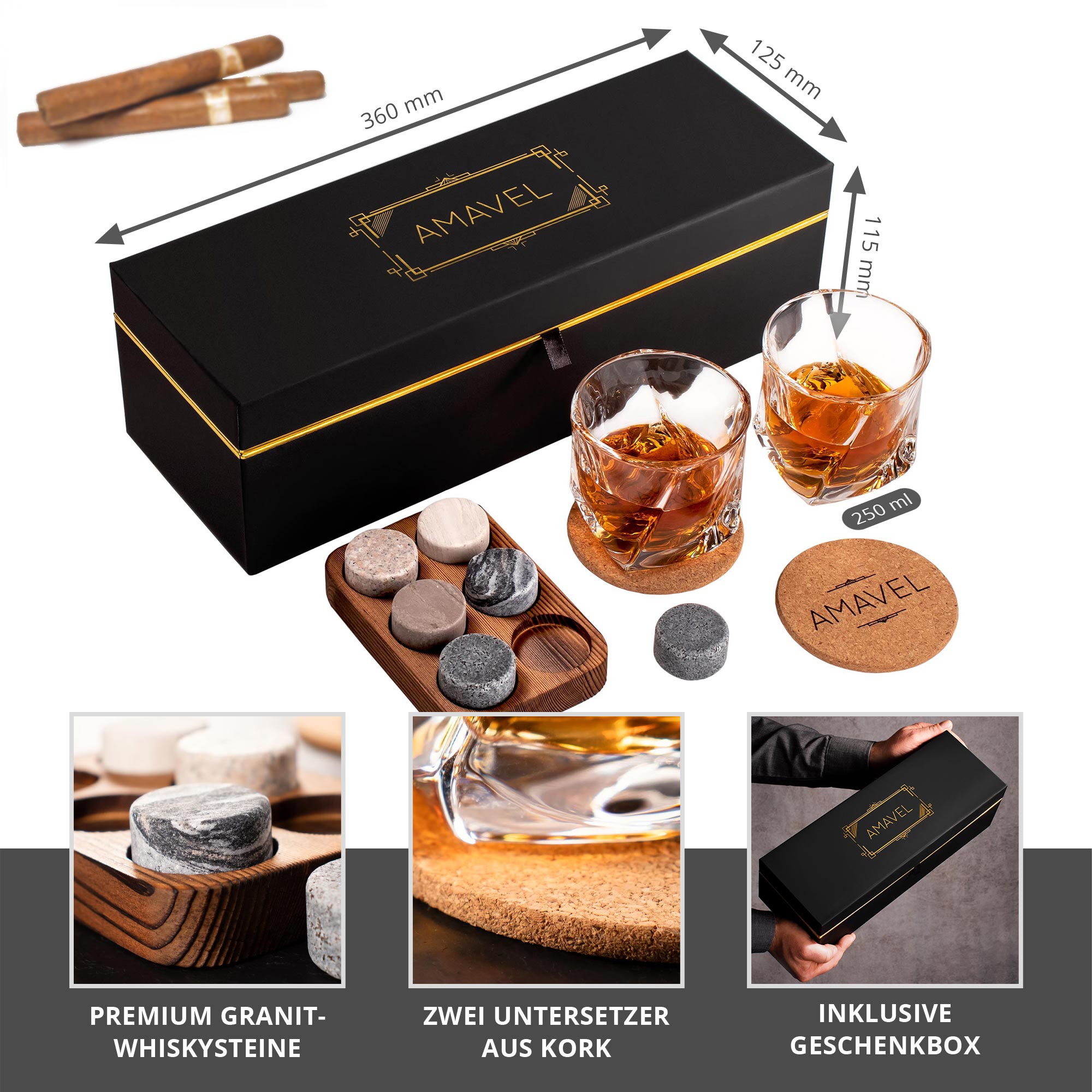 Elegantes Whisky Tasting Set in schwarzer Geschenkbox verzaubert selbst die anspruchsvollsten Whiskygenießer - ideal zum Verschenken!