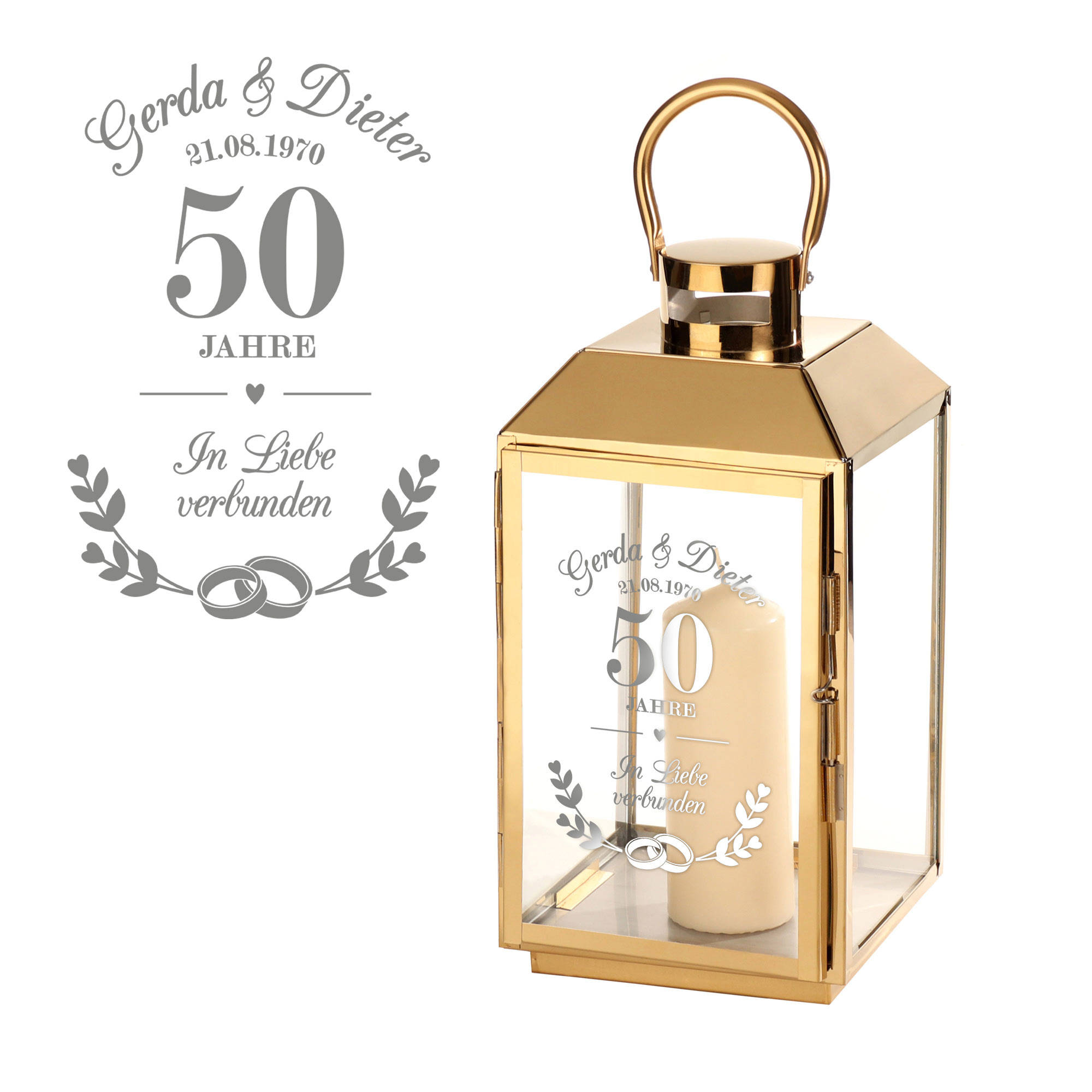 Goldene Laterne aus Edelstahl zur Goldenen Hochzeit - Personalisiert