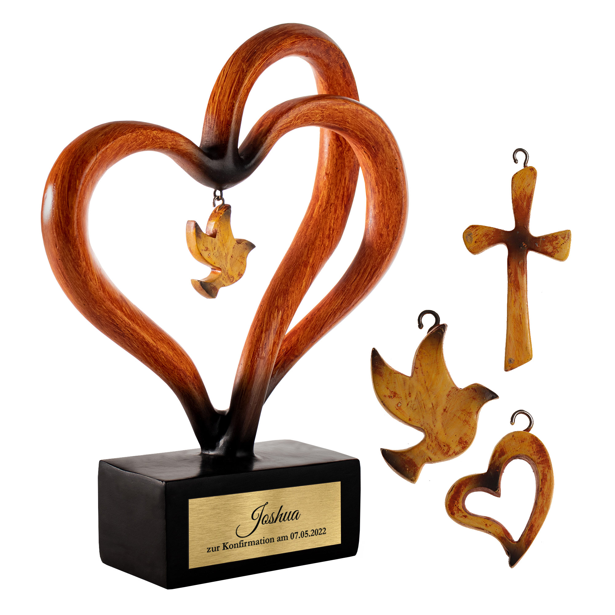 Dekofigur in geschwungener Herzform mit Gravur, Herzskulptur als Geschenk zur Konfirmation, Deko Skulptur mit Namens- und Datumsgravur