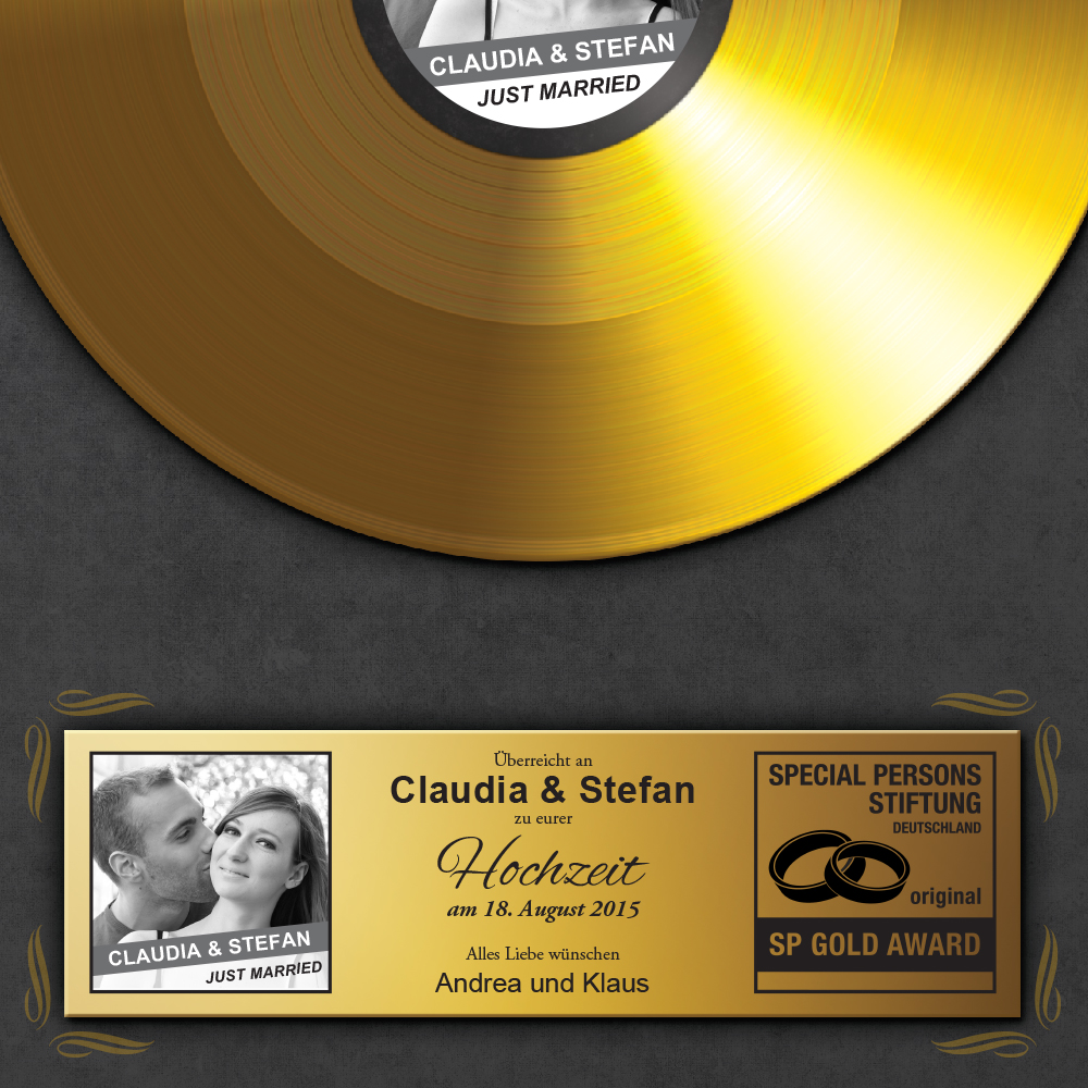 Goldene Schallplatte zur Hochzeit - Ihr Bild und Name auf der Platte