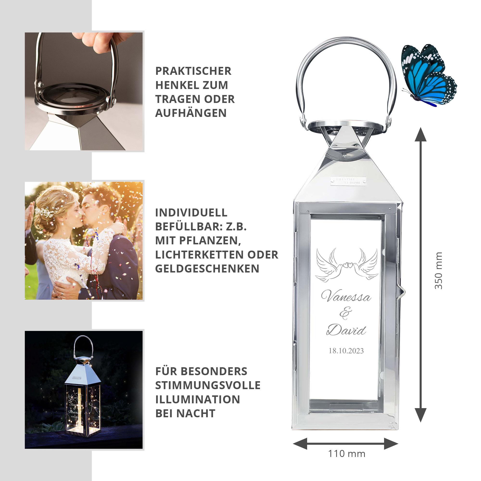 Laterne - Silber - Klein - Hochzeit - Tauben - Personalisiert